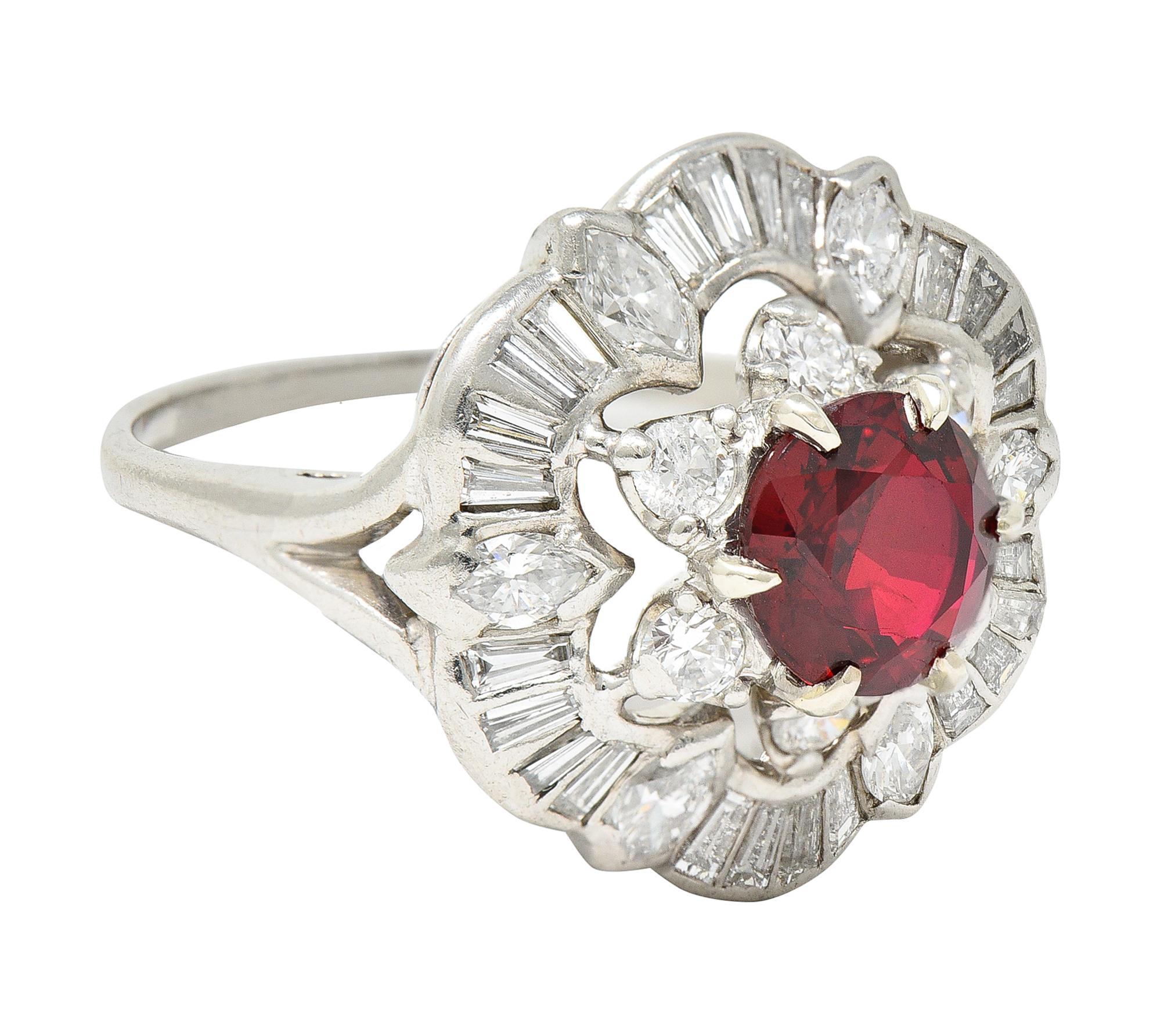 Round Cut 1950's Mid-Century 2.77 Carats Red Spinel Diamond Platinum Cluster Cocktail Ring For Sale