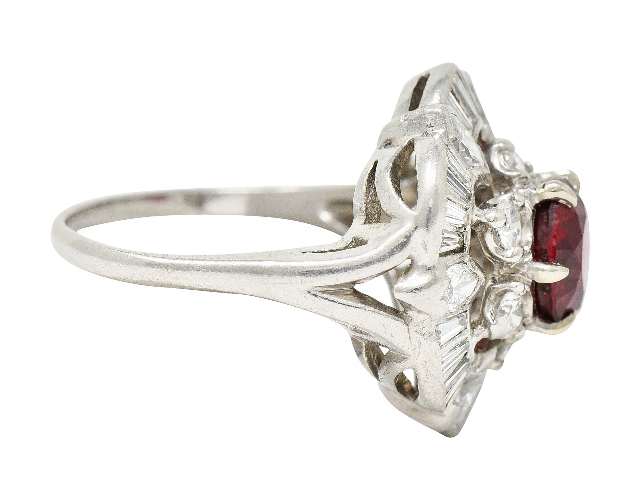 1950's Mid-Century 2.77 Carats Red Spinel Diamond Platinum Cluster Cocktail Ring In Excellent Condition For Sale In Philadelphia, PA