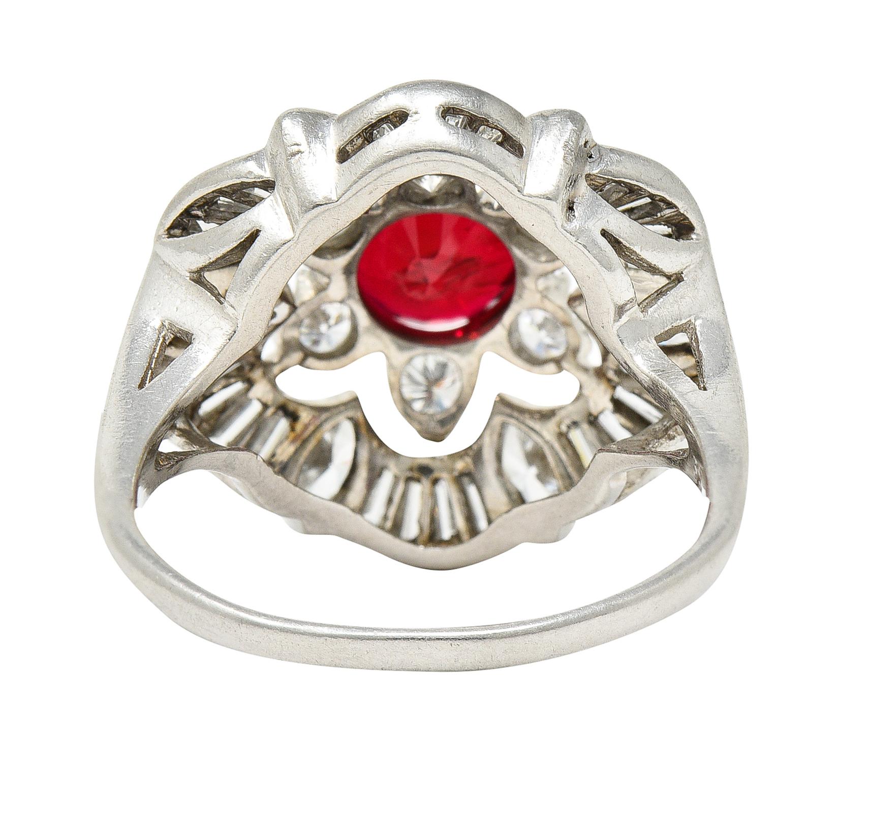 Women's or Men's 1950's Mid-Century 2.77 Carats Red Spinel Diamond Platinum Cluster Cocktail Ring For Sale
