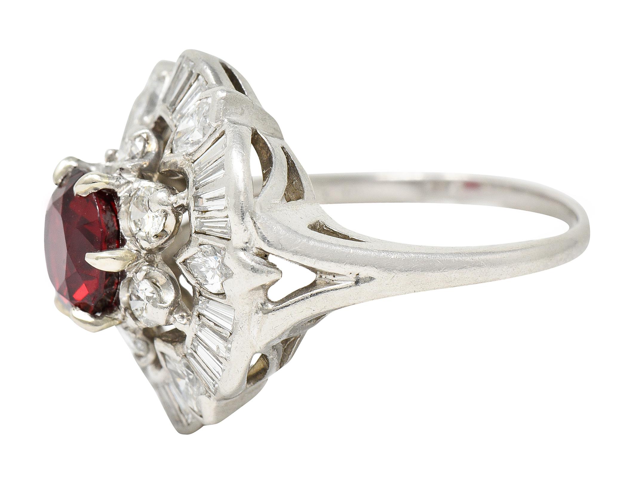 1950's Mid-Century 2.77 Carats Red Spinel Diamond Platinum Cluster Cocktail Ring For Sale 1