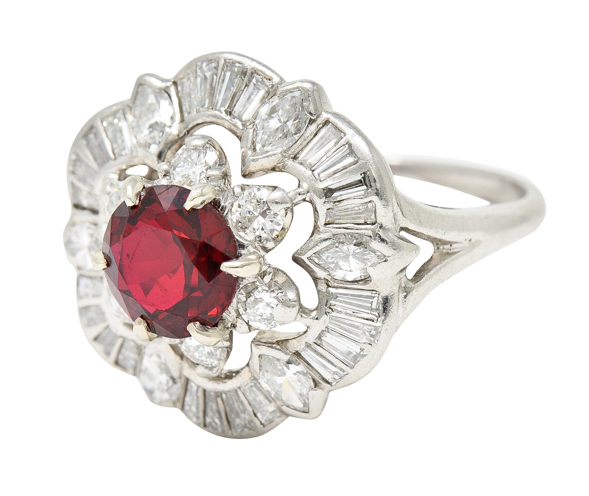 1950's Mid-Century 2.77 Carats Red Spinel Diamond Platinum Cluster Cocktail Ring For Sale 2
