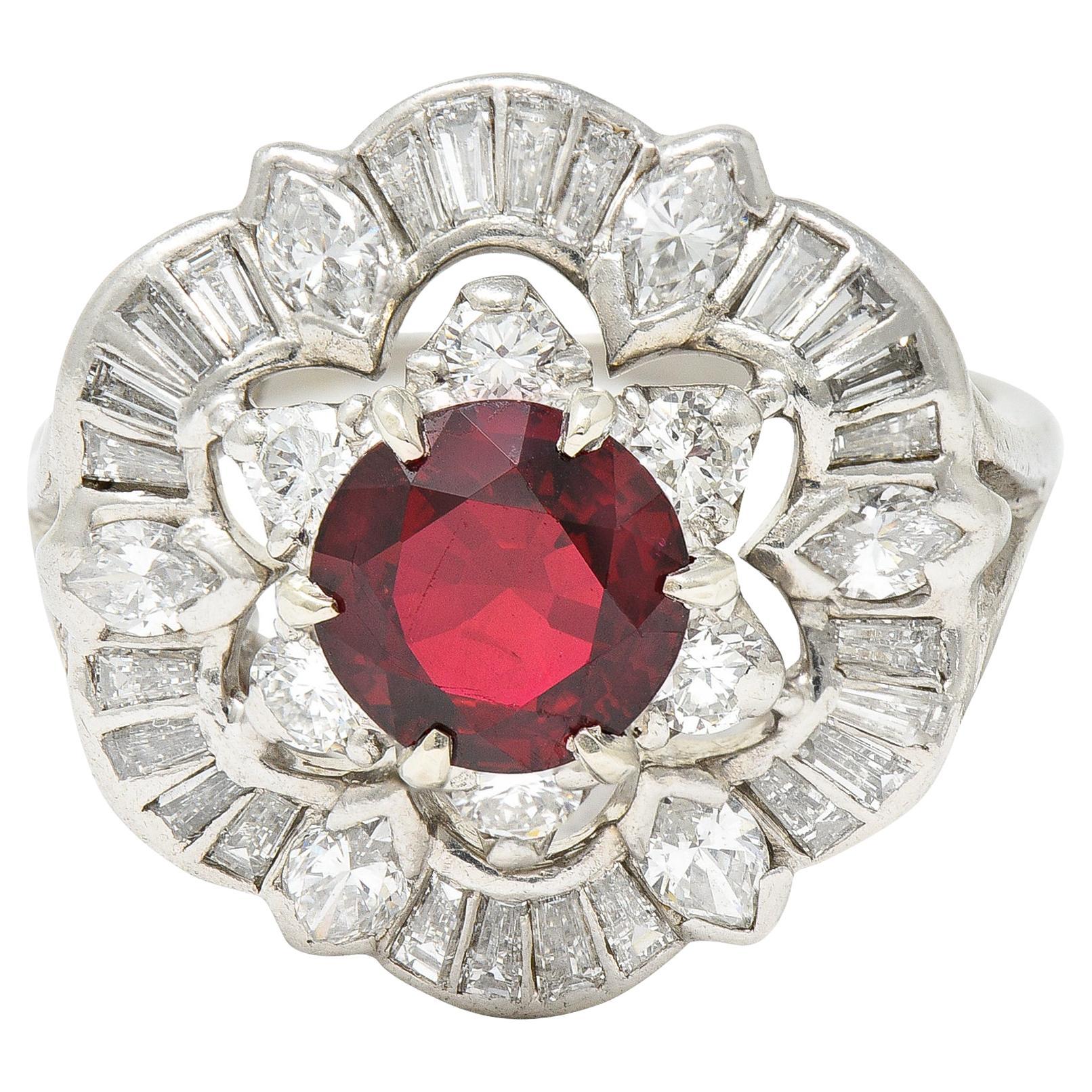 1950's Mid-Century 2.77 Carats Red Spinel Diamond Platinum Cluster Cocktail Ring For Sale