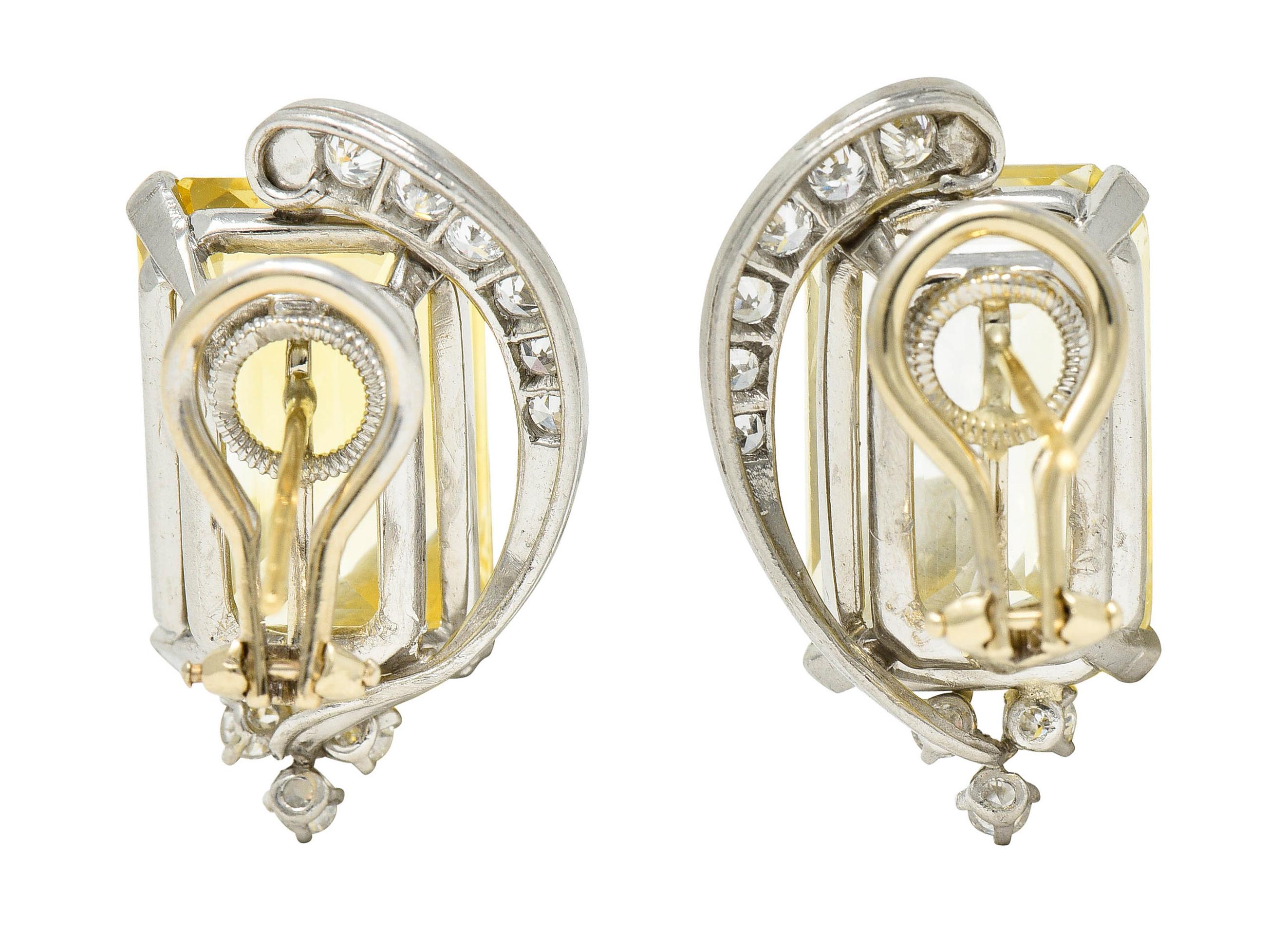 Emerald Cut 1950's Mid-Century 28.05 Carats Yellow Sapphire Diamond Platinum Earrings