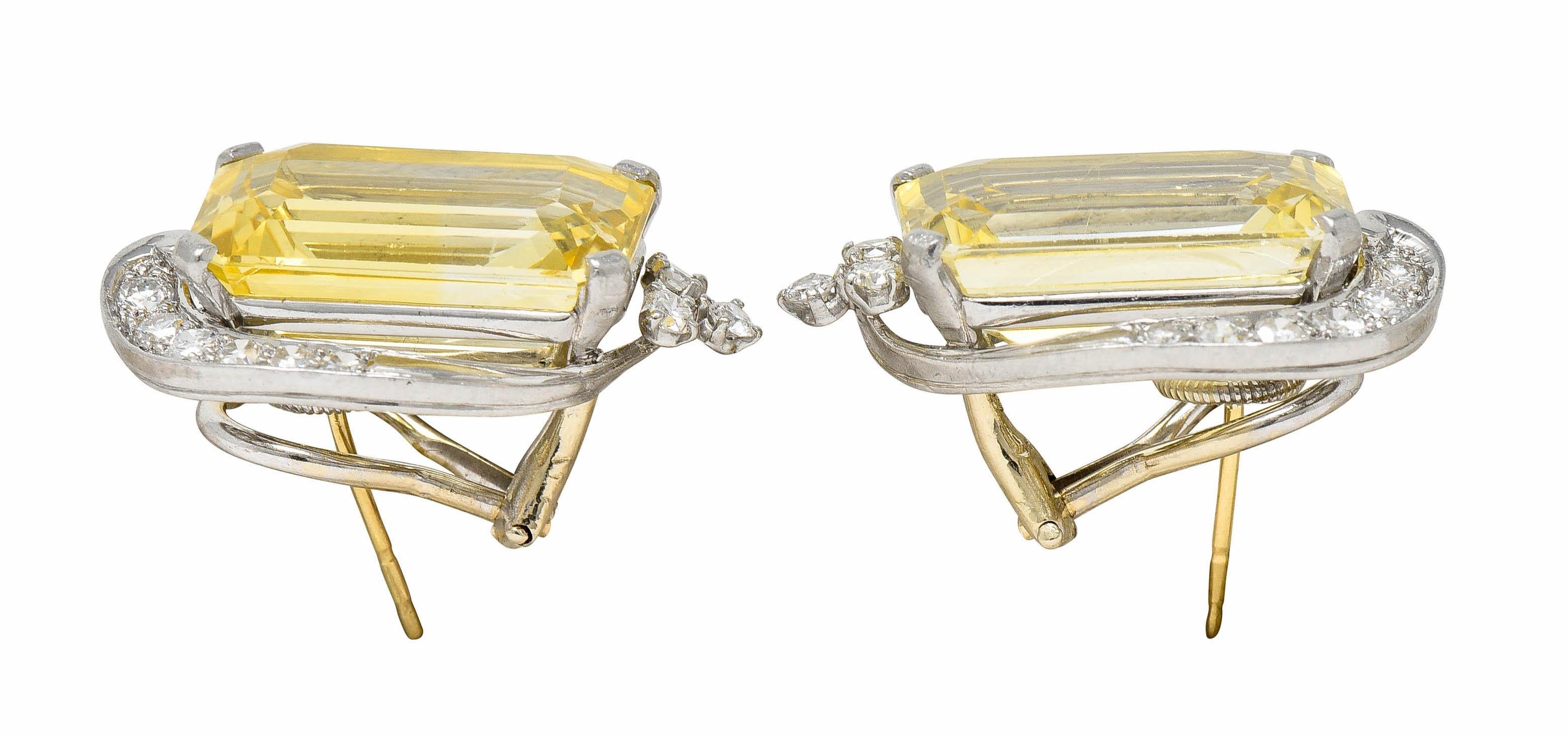 1950's Mid-Century 28.05 Carats Yellow Sapphire Diamond Platinum Earrings In Excellent Condition In Philadelphia, PA