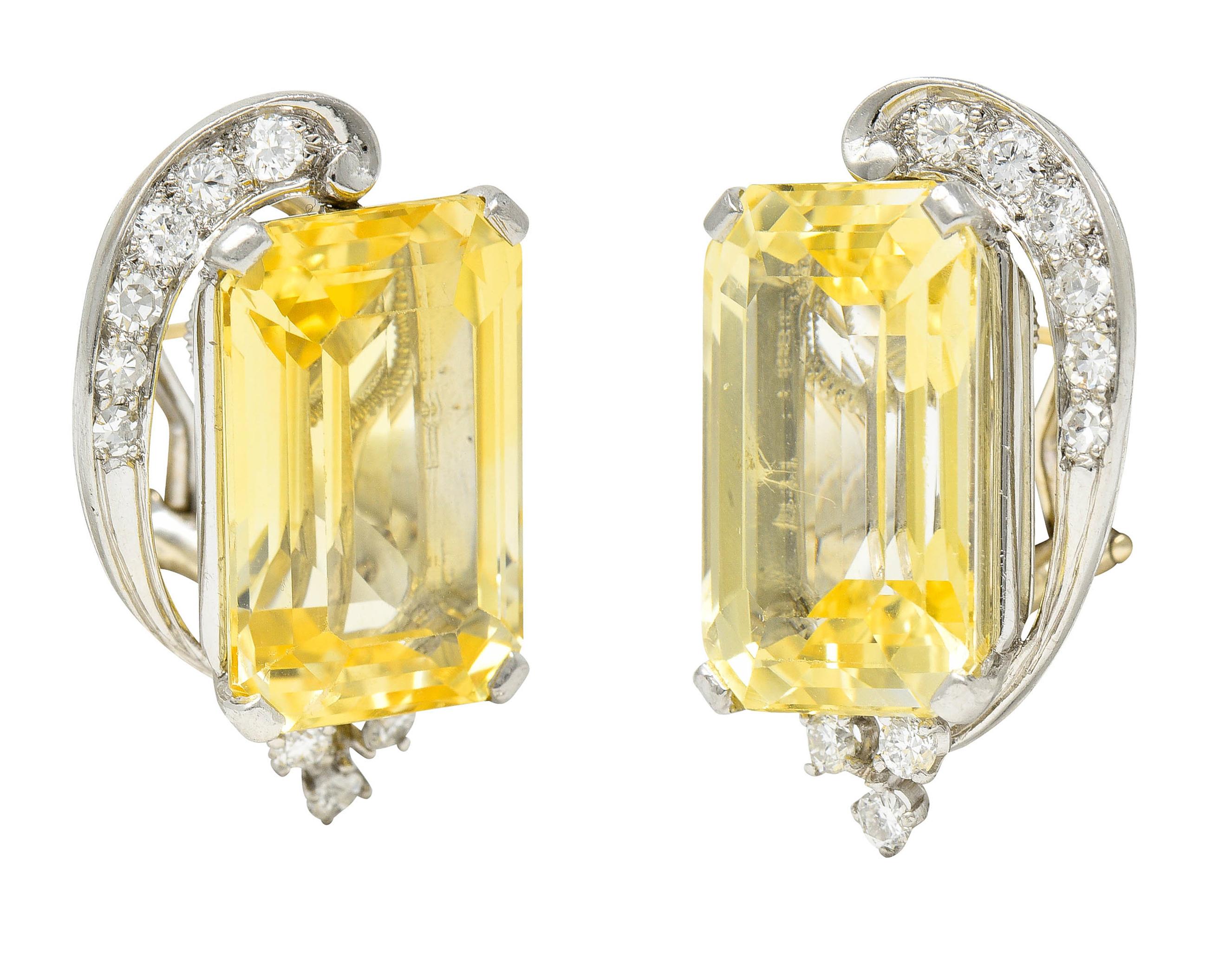 Men's 1950's Mid-Century 28.05 Carats Yellow Sapphire Diamond Platinum Earrings