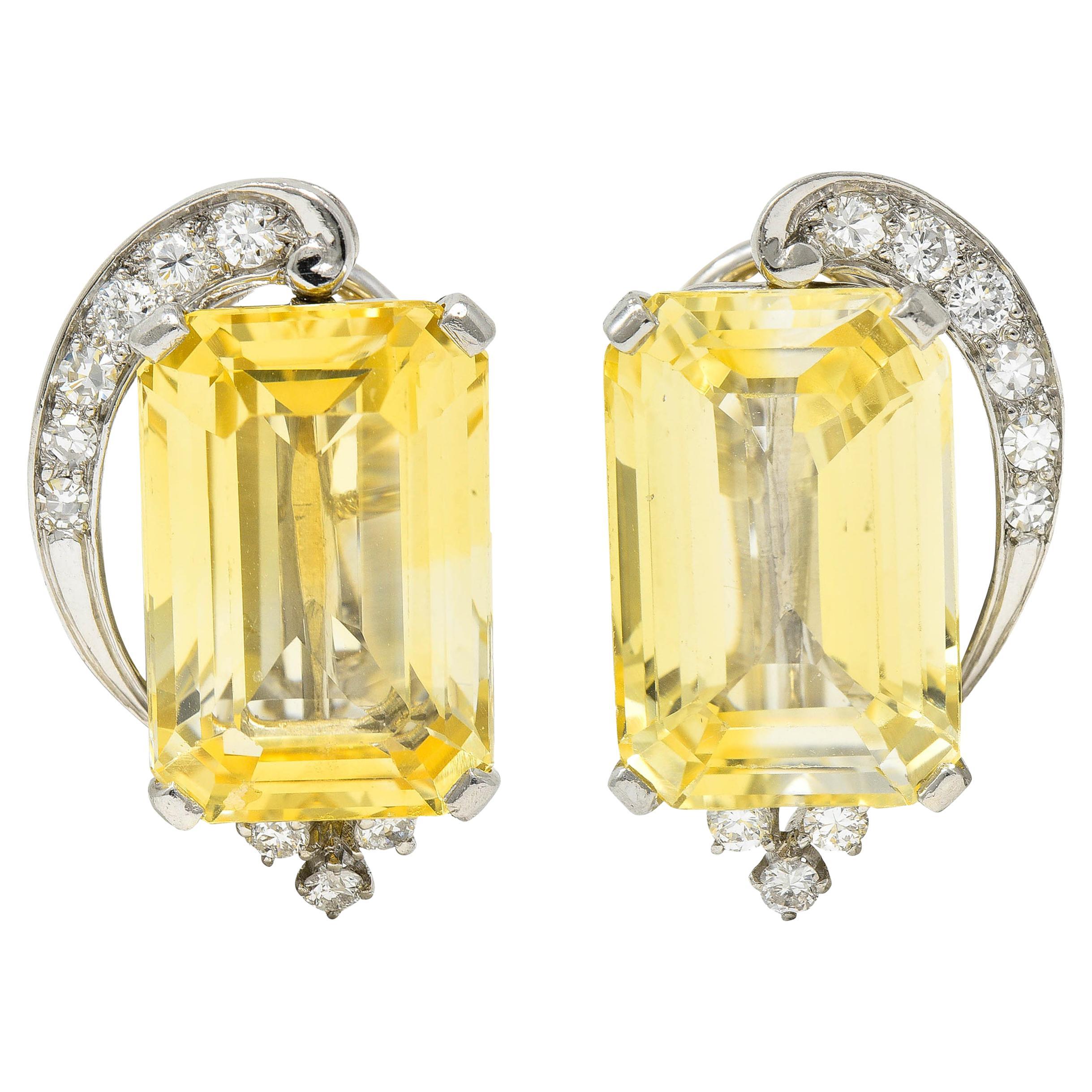 1950's Mid-Century 28.05 Carats Yellow Sapphire Diamond Platinum Earrings