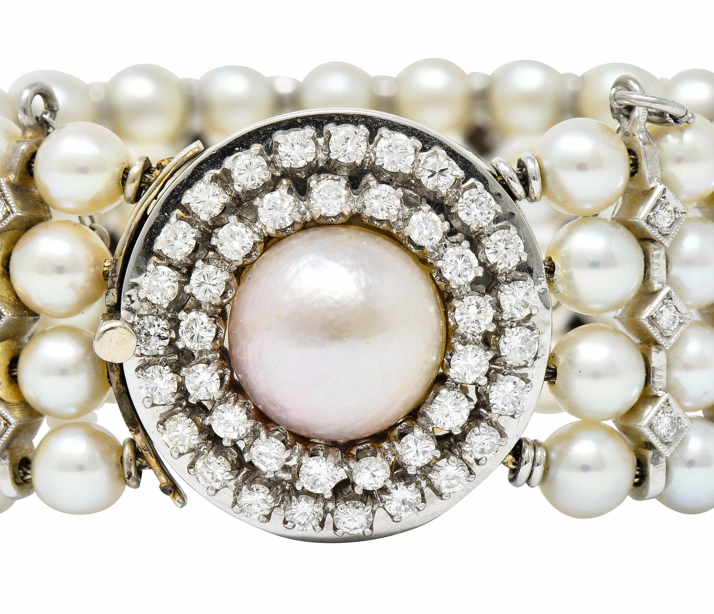 1950's Mid-Century 3.00 Carats Diamond Pearl 14 Karat White Gold Strand Bracelet 5