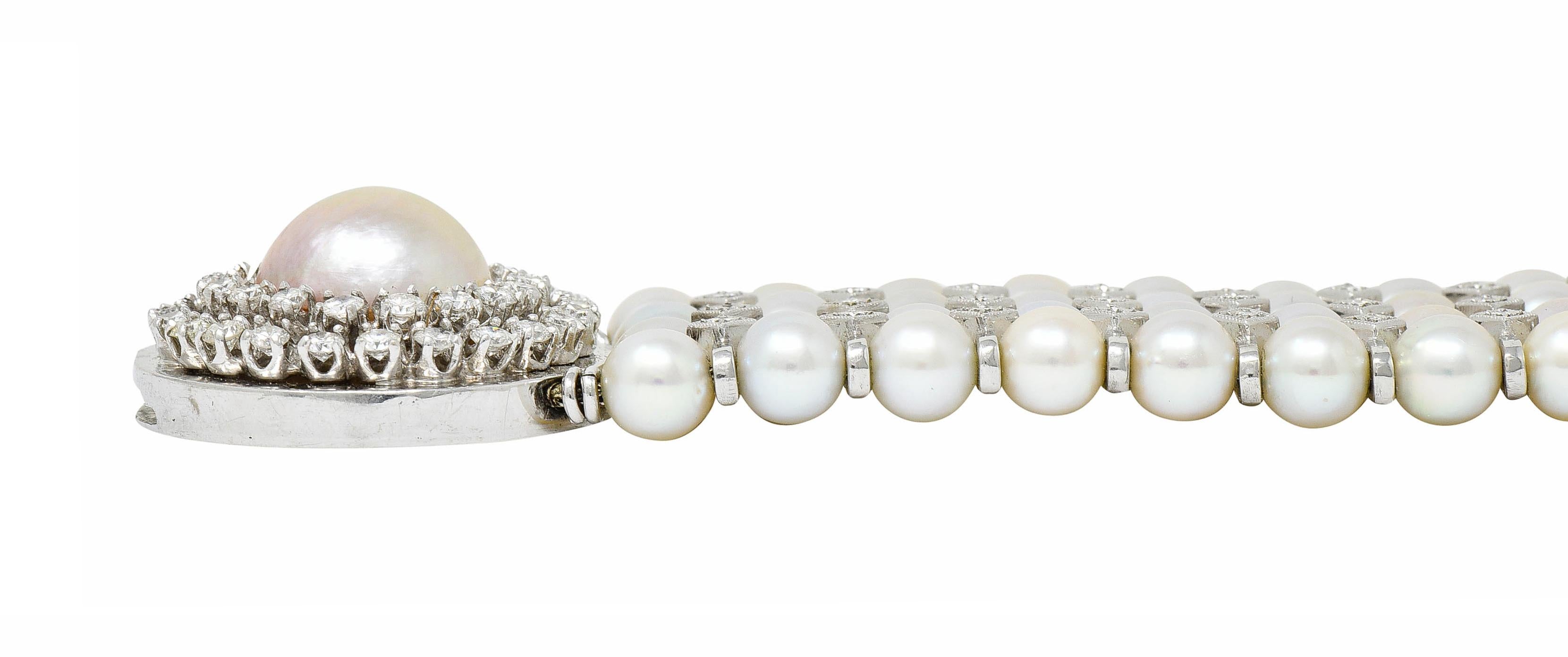 1950's Mid-Century 3.00 Carats Diamond Pearl 14 Karat White Gold Strand Bracelet 6
