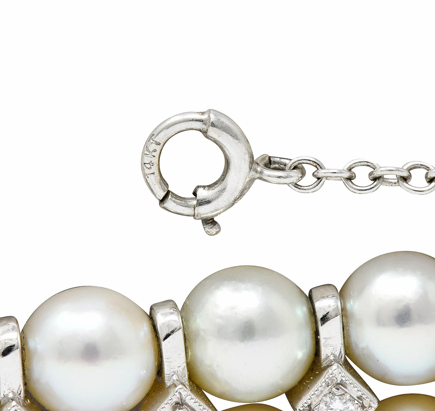 1950's Mid-Century 3.00 Carats Diamond Pearl 14 Karat White Gold Strand Bracelet 7