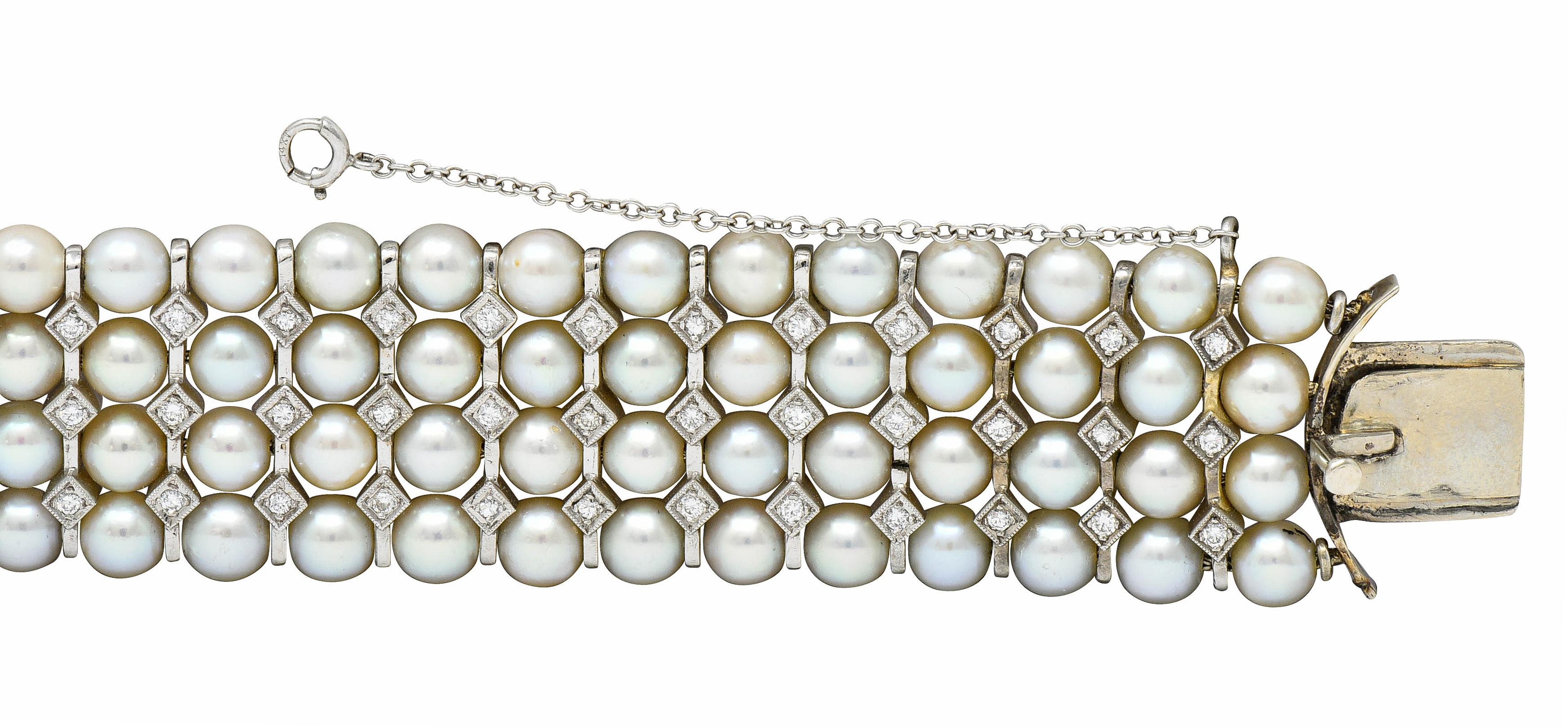 1950's Mid-Century 3.00 Carats Diamond Pearl 14 Karat White Gold Strand Bracelet 8