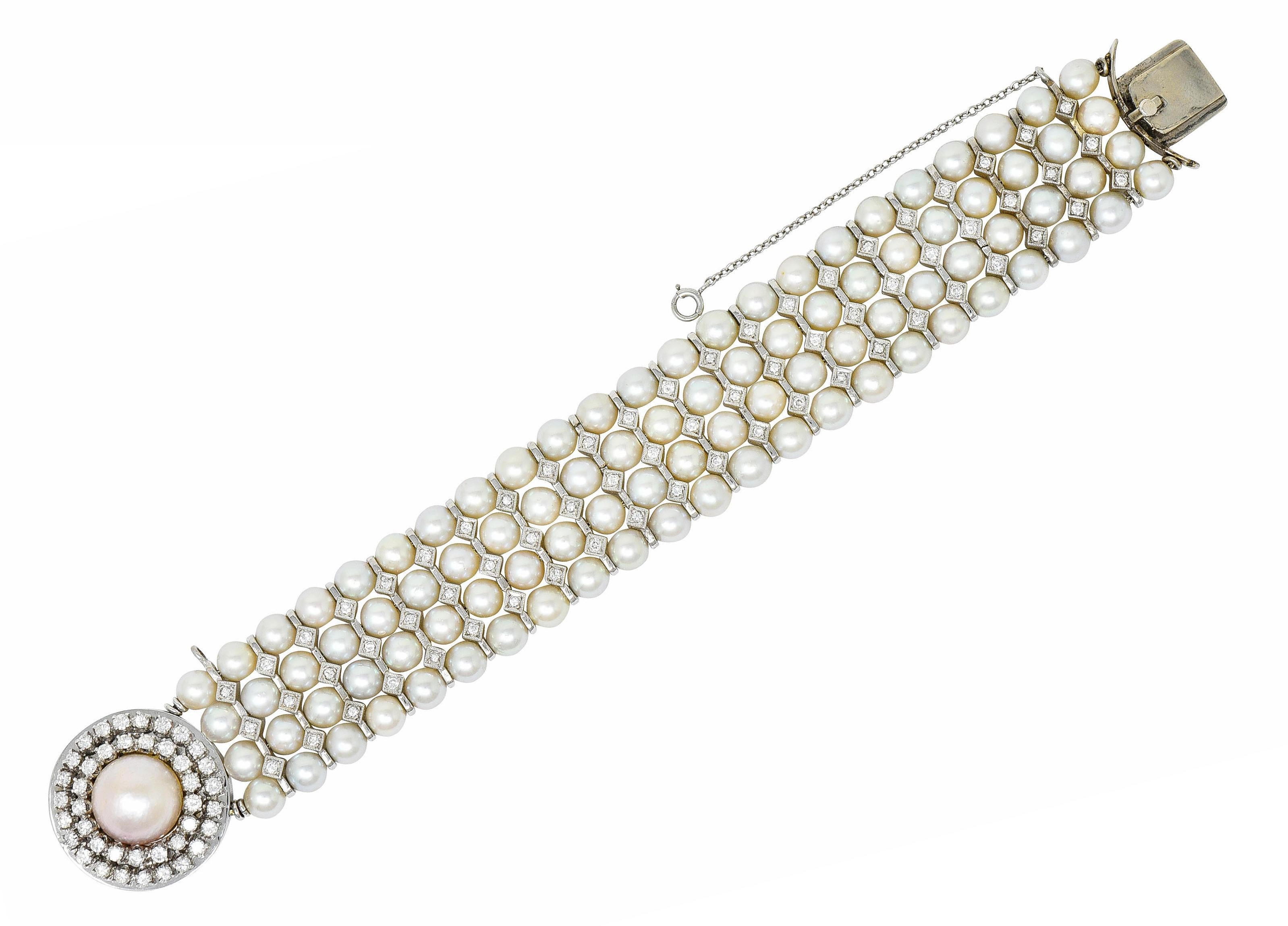 Bracelet is comprised of four strands of 5.7 mm round cultured pearls

Gray to cream body color with strong rosè and silvery overtones - excellent in luster

With bar spacer links interspersed throughout accented by round brilliant cut