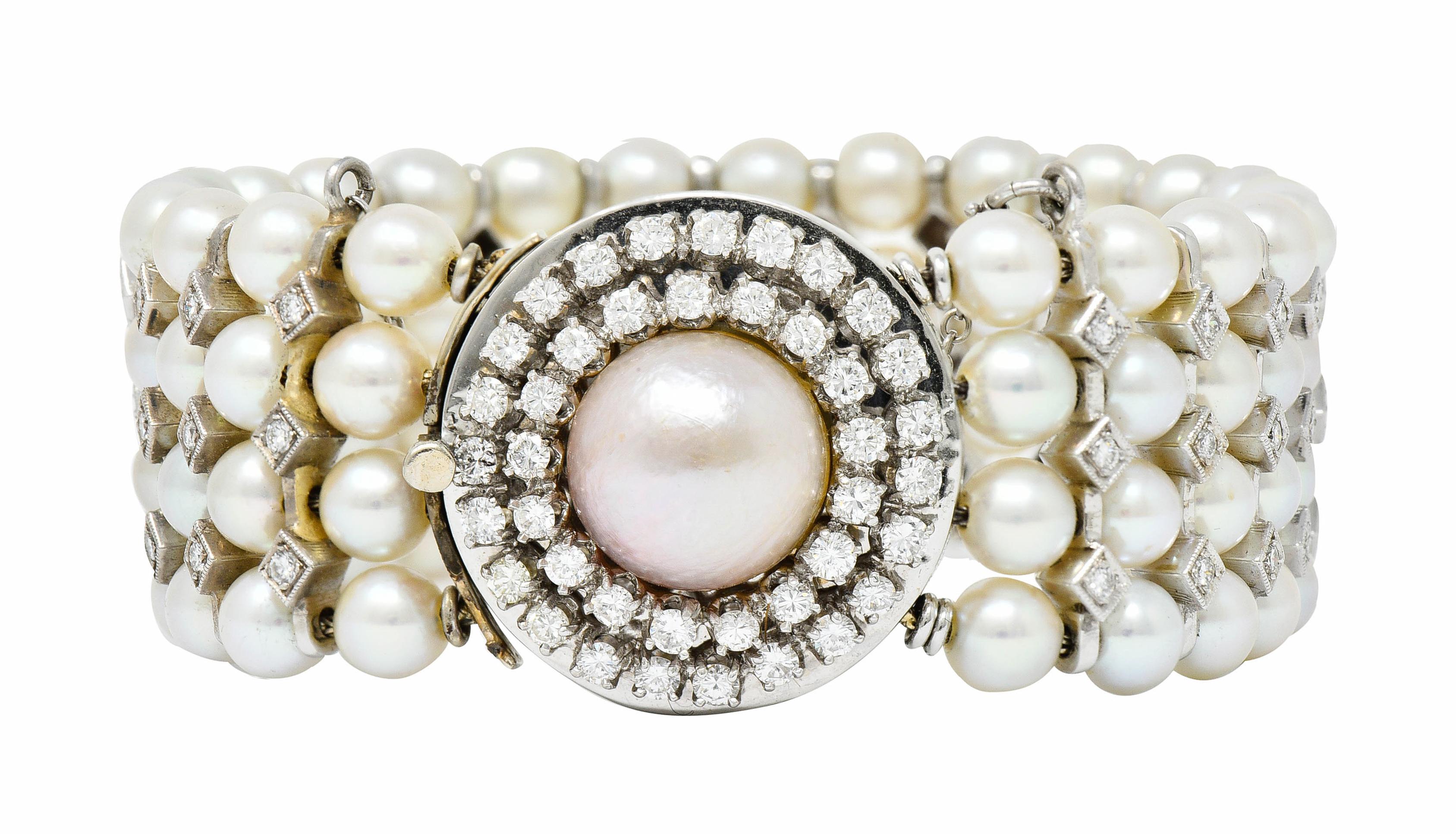 Retro 1950's Mid-Century 3.00 Carats Diamond Pearl 14 Karat White Gold Strand Bracelet