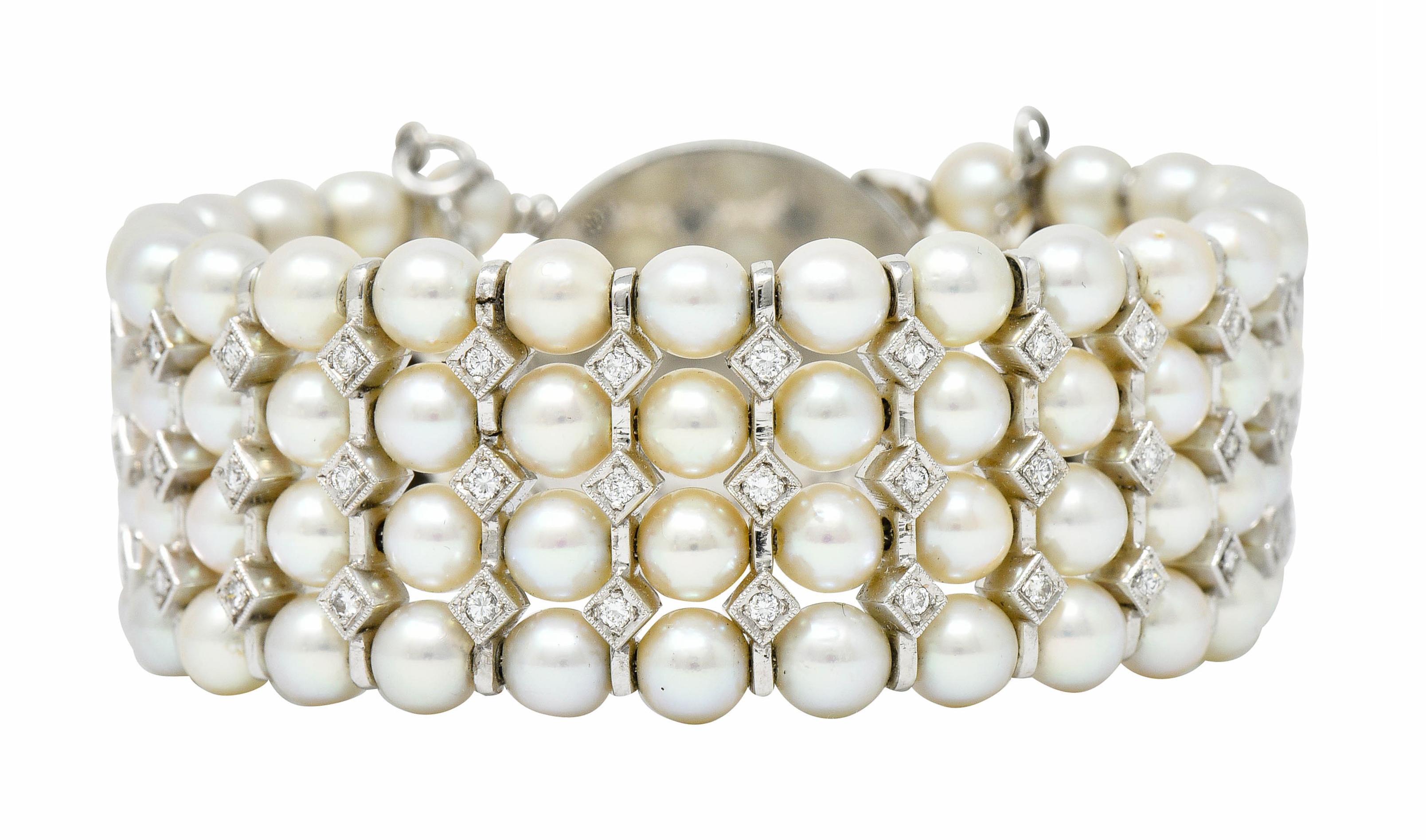1950's Mid-Century 3.00 Carats Diamond Pearl 14 Karat White Gold Strand Bracelet In Excellent Condition In Philadelphia, PA