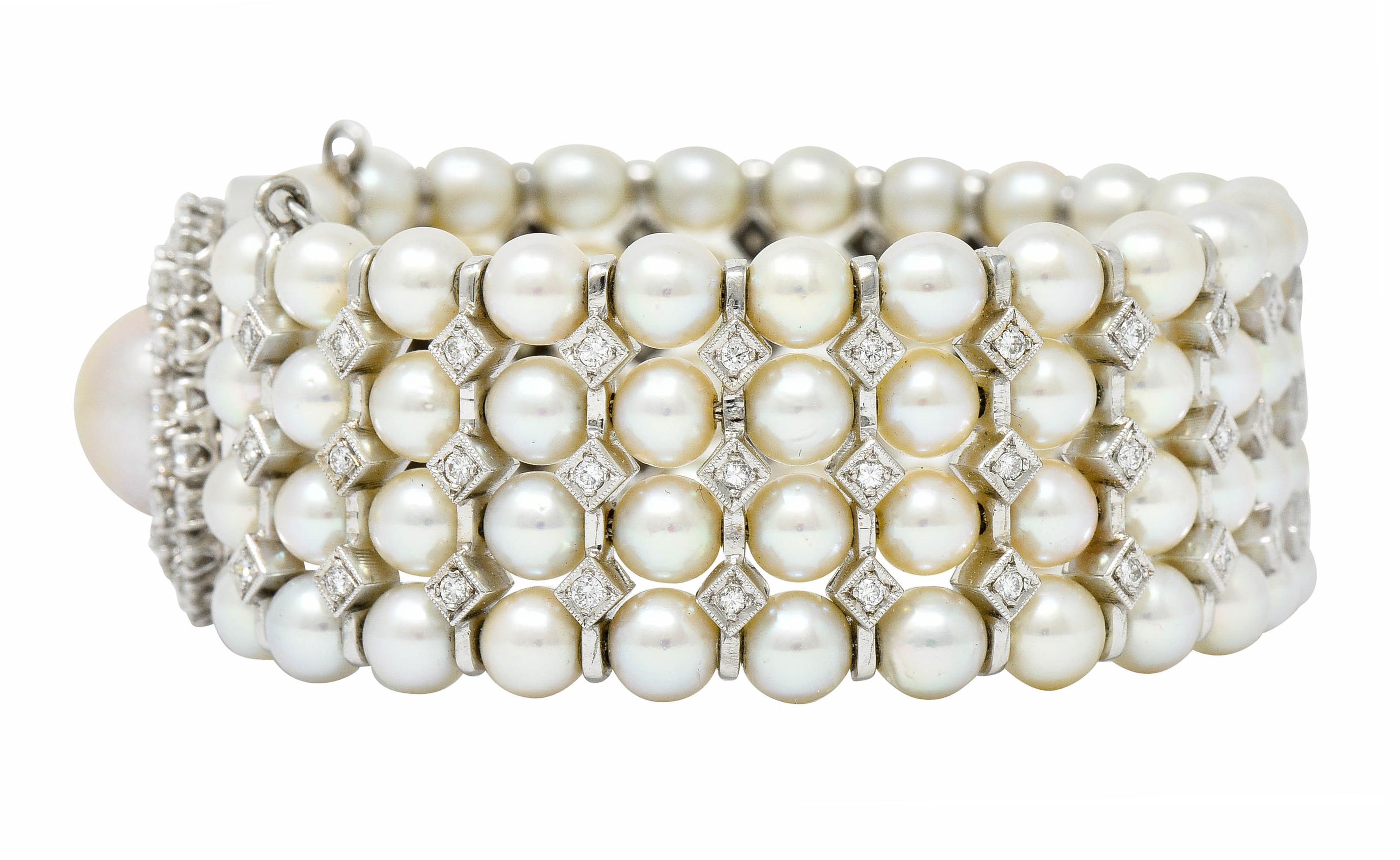 Women's or Men's 1950's Mid-Century 3.00 Carats Diamond Pearl 14 Karat White Gold Strand Bracelet