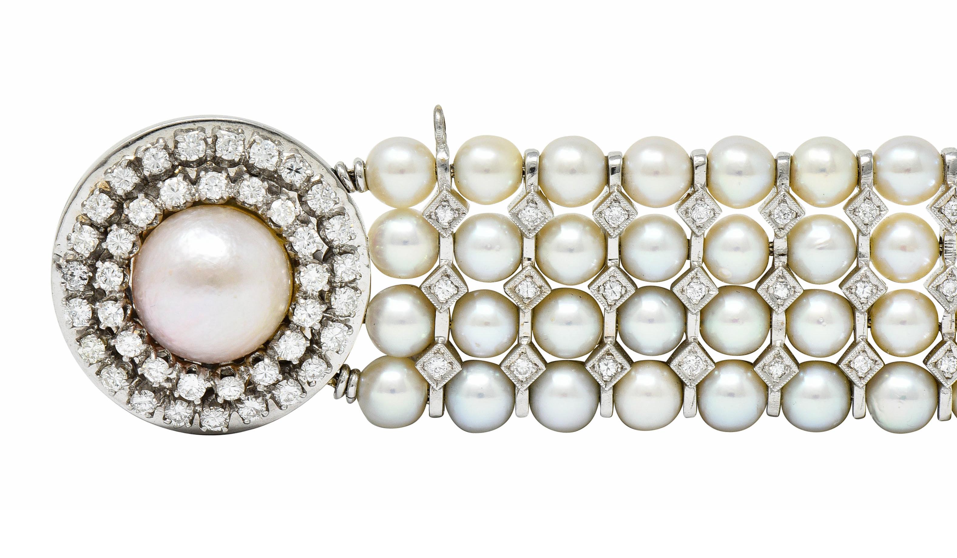 1950's Mid-Century 3.00 Carats Diamond Pearl 14 Karat White Gold Strand Bracelet 1