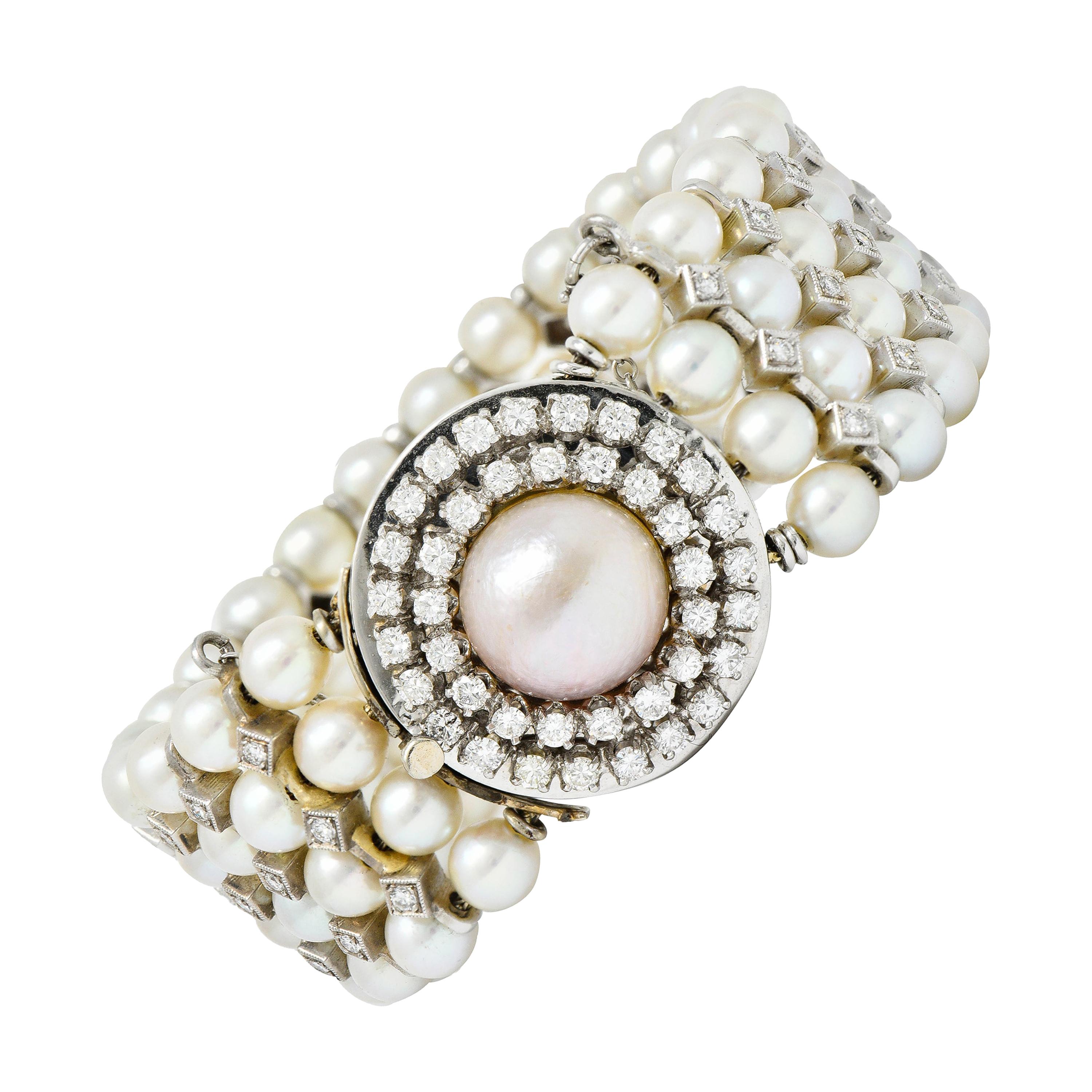 1950's Mid-Century 3.00 Carats Diamond Pearl 14 Karat White Gold Strand Bracelet