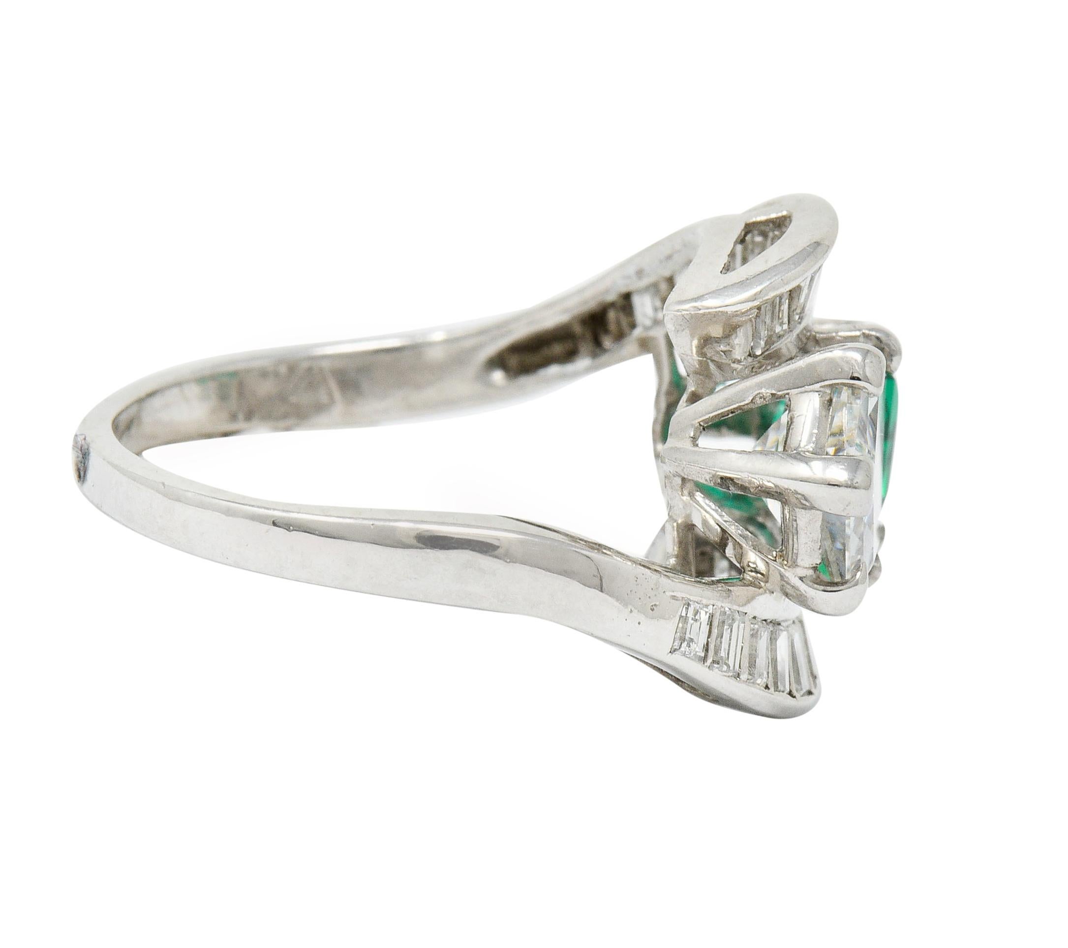 Retro 1950's Mid-Century 3.46 Carats Diamond Emerald Platinum Cocktail Ring