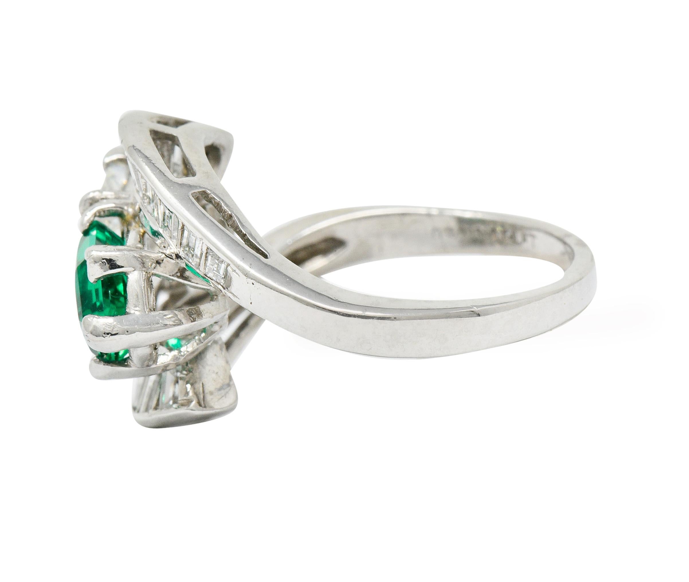 Bullet Cut 1950's Mid-Century 3.46 Carats Diamond Emerald Platinum Cocktail Ring