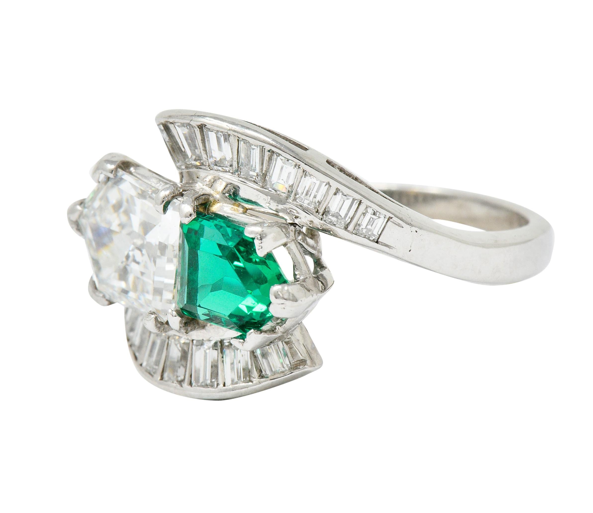 1950's Mid-Century 3.46 Carats Diamond Emerald Platinum Cocktail Ring In Excellent Condition In Philadelphia, PA