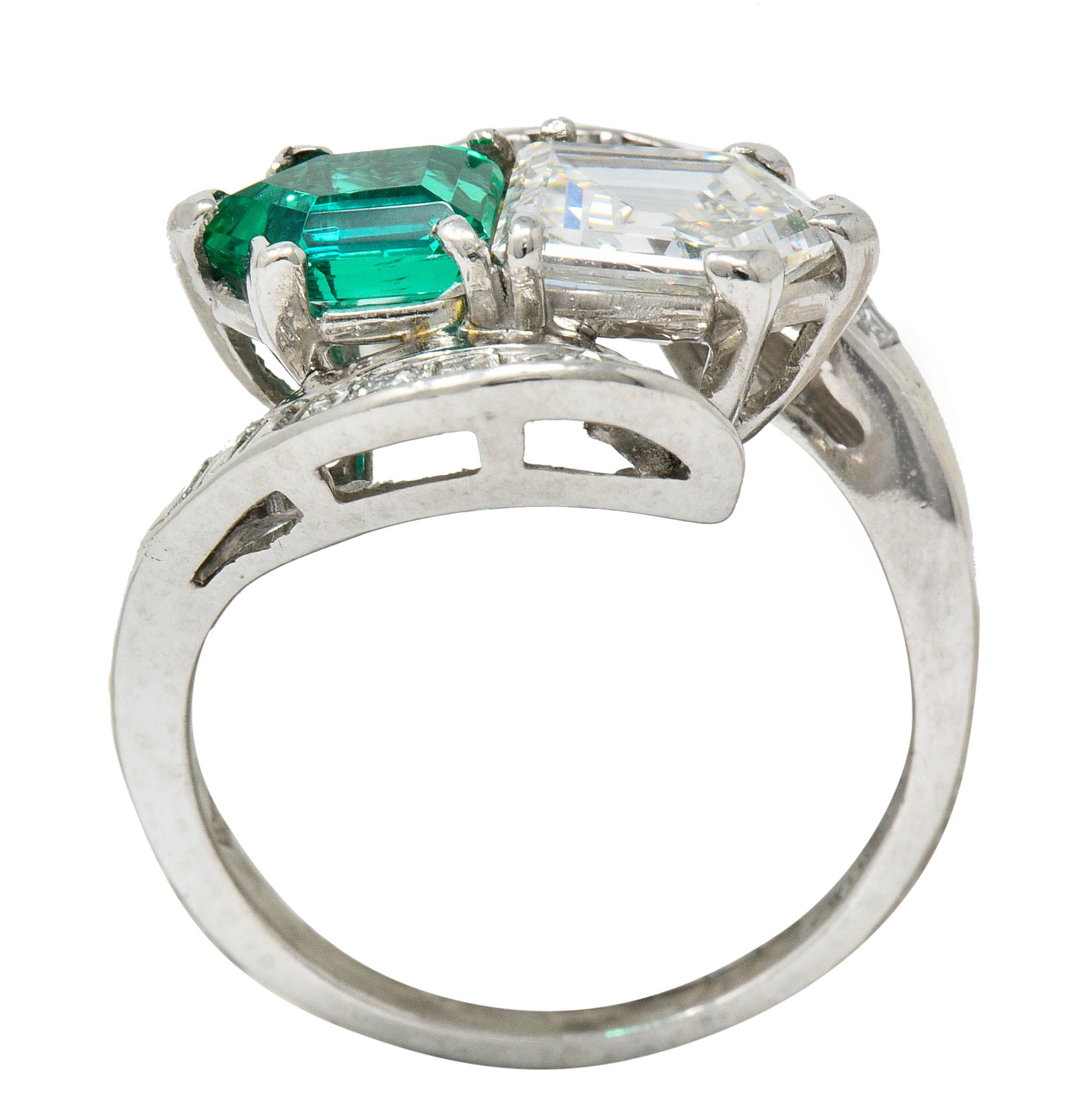 1950's Mid-Century 3.46 Carats Diamond Emerald Platinum Cocktail Ring 1