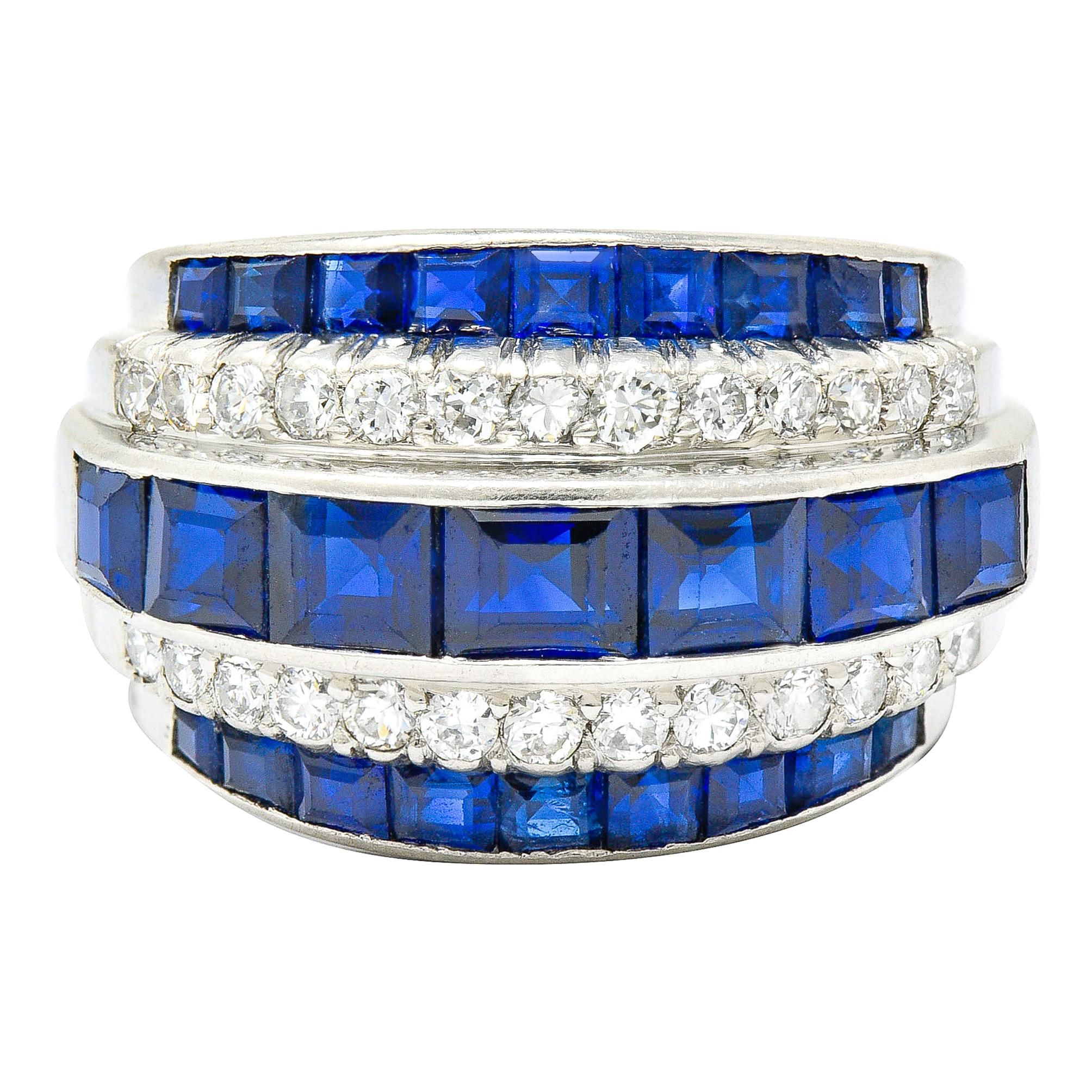 1950's Mid-Century 3.90 Carat Sapphire Diamond Platinum Band Ring