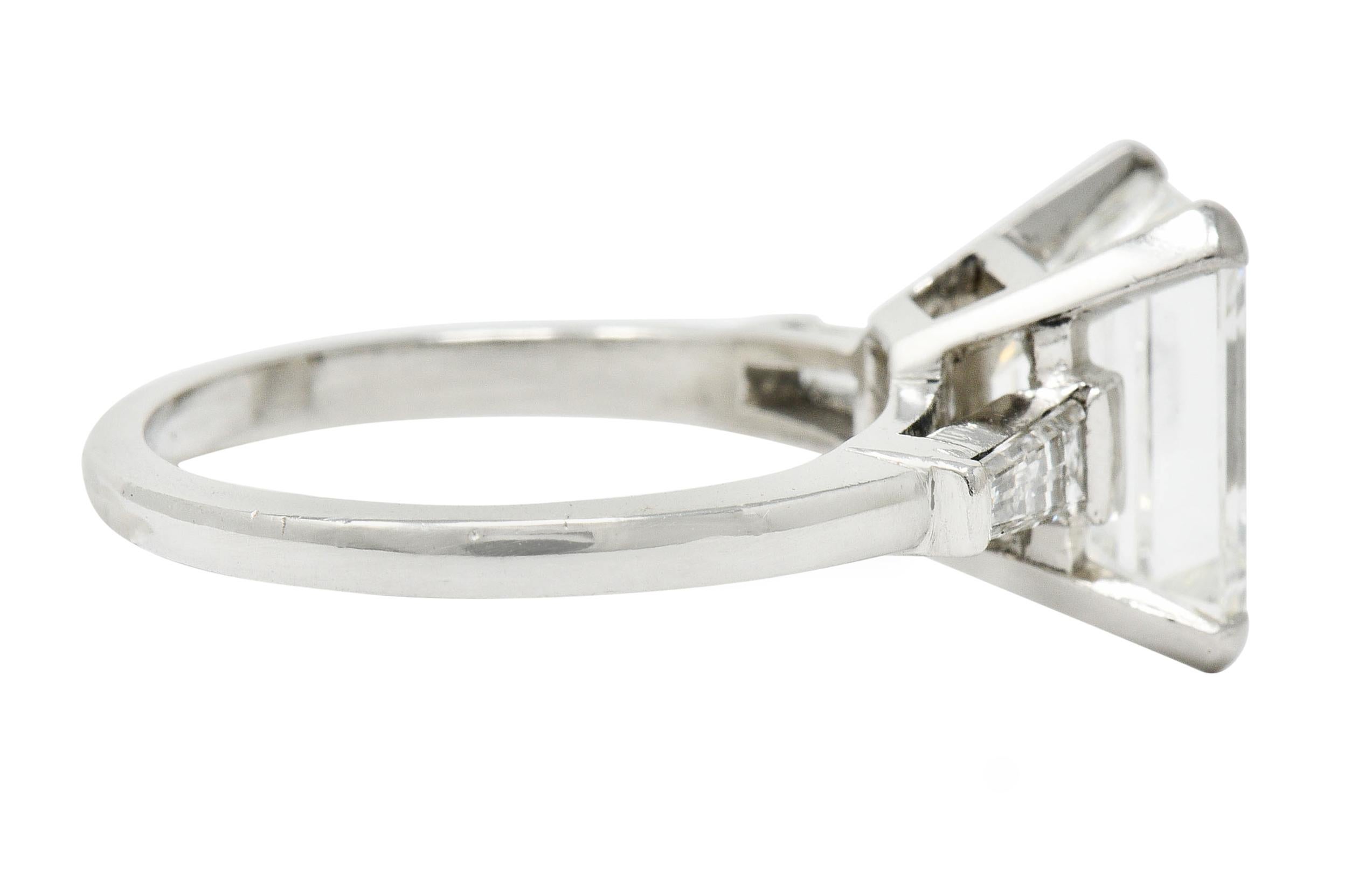 Retro 1950s Midcentury 4.12 Carat Diamond Platinum Three-Stone Ring GIA For Sale