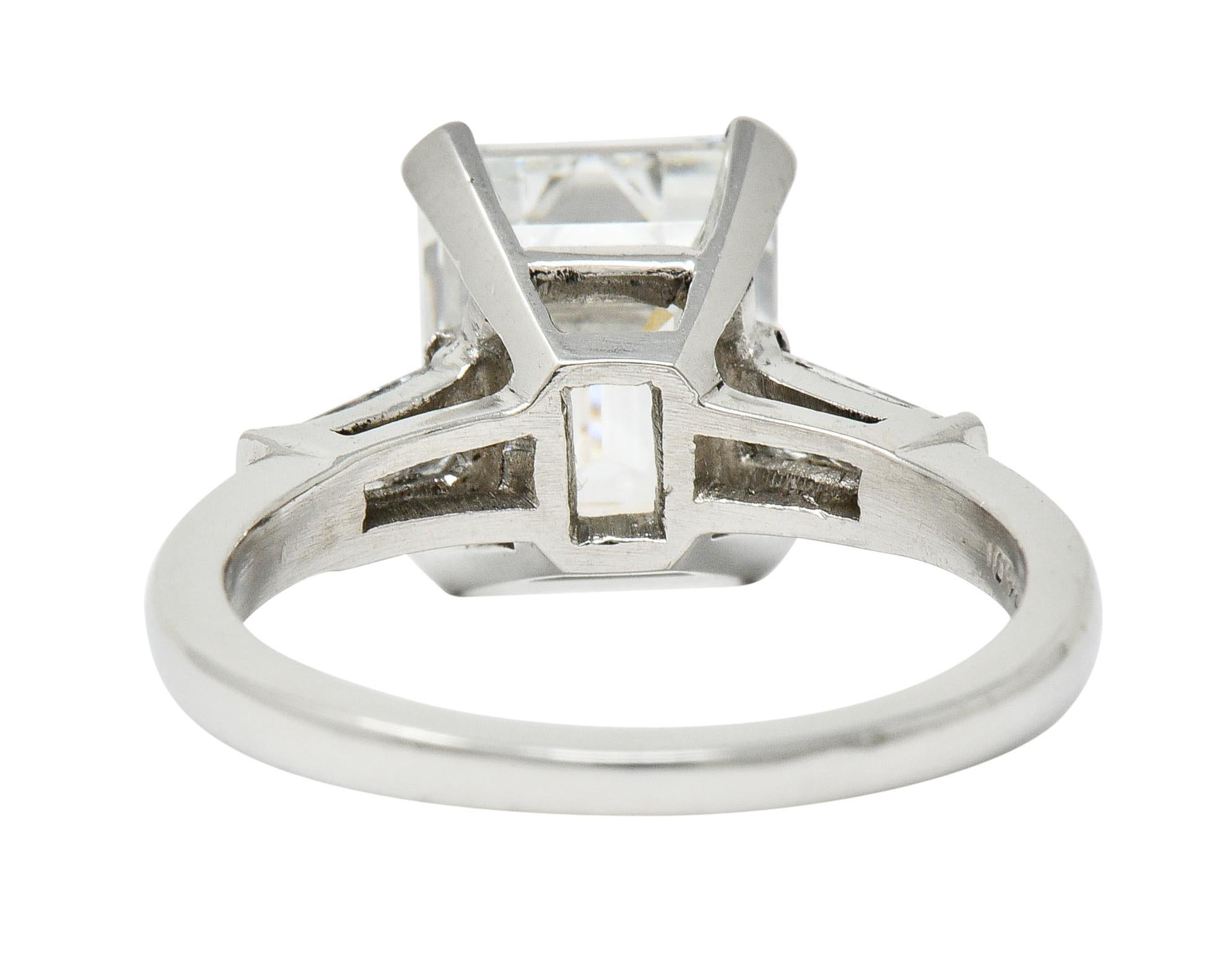 Emerald Cut 1950s Midcentury 4.12 Carat Diamond Platinum Three-Stone Ring GIA For Sale