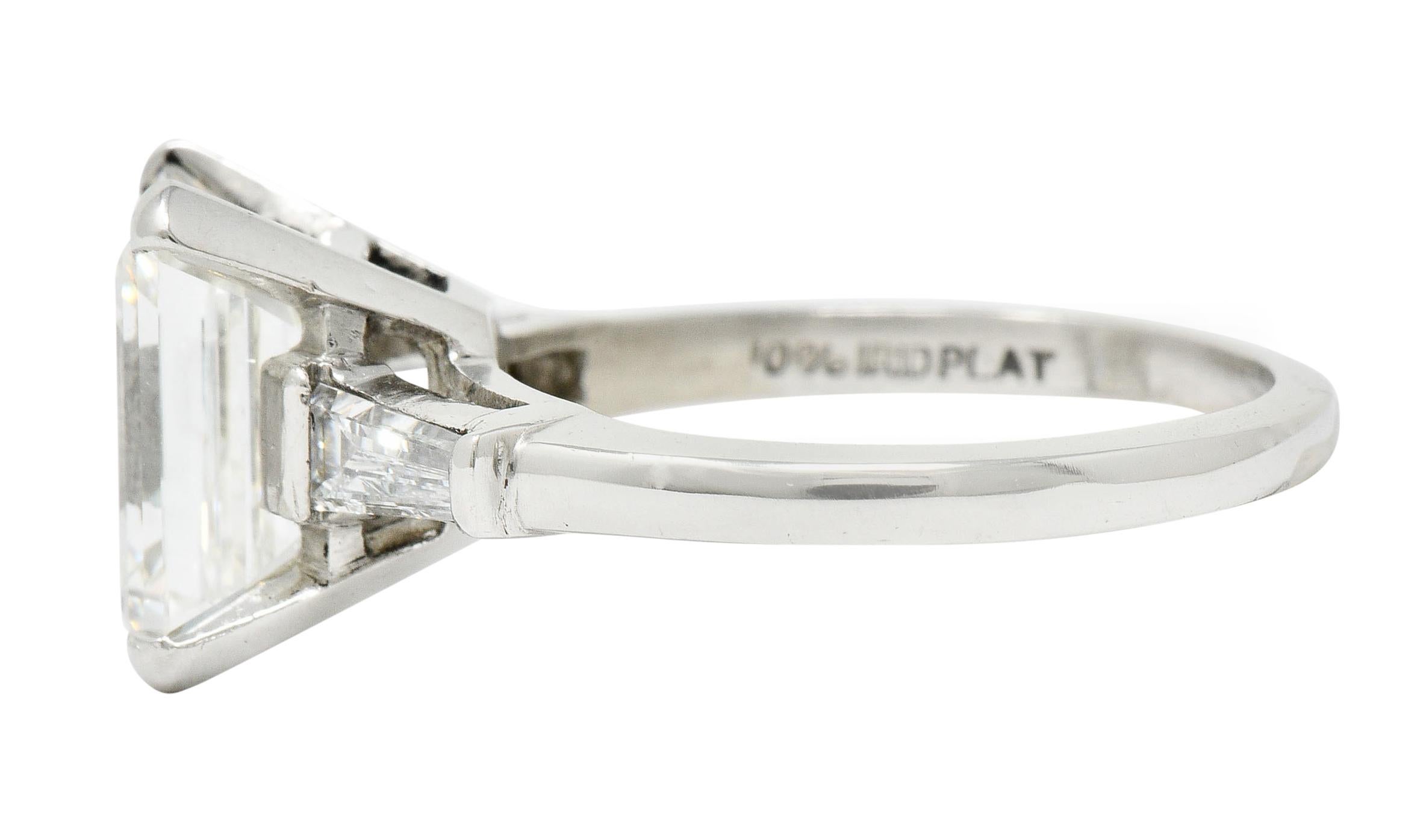 1950s Midcentury 4.12 Carat Diamond Platinum Three-Stone Ring GIA In Excellent Condition For Sale In Philadelphia, PA
