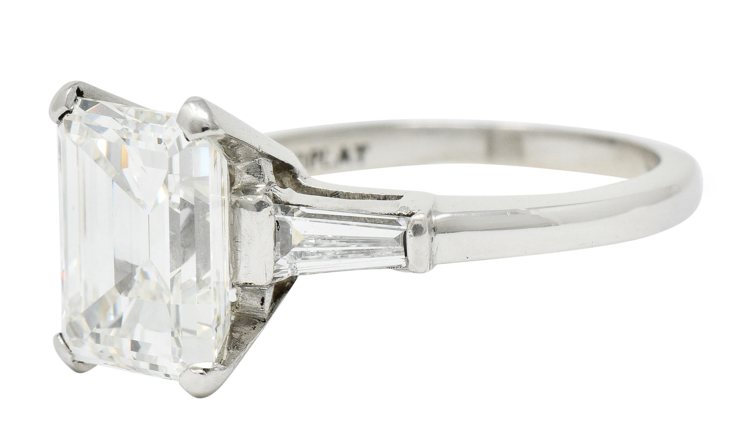 Women's or Men's 1950s Midcentury 4.12 Carat Diamond Platinum Three-Stone Ring GIA For Sale