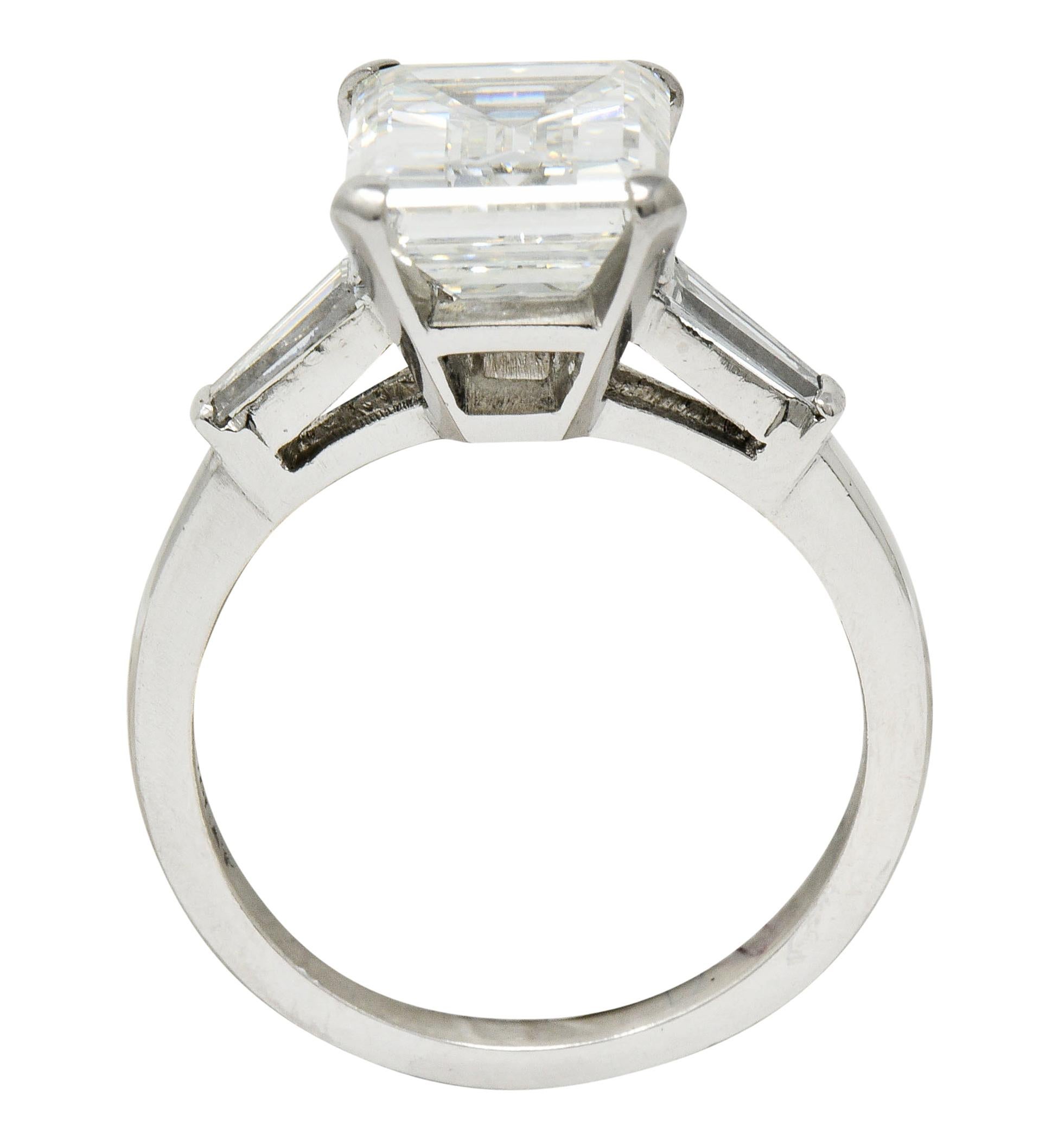 1950s Midcentury 4.12 Carat Diamond Platinum Three-Stone Ring GIA For Sale 1