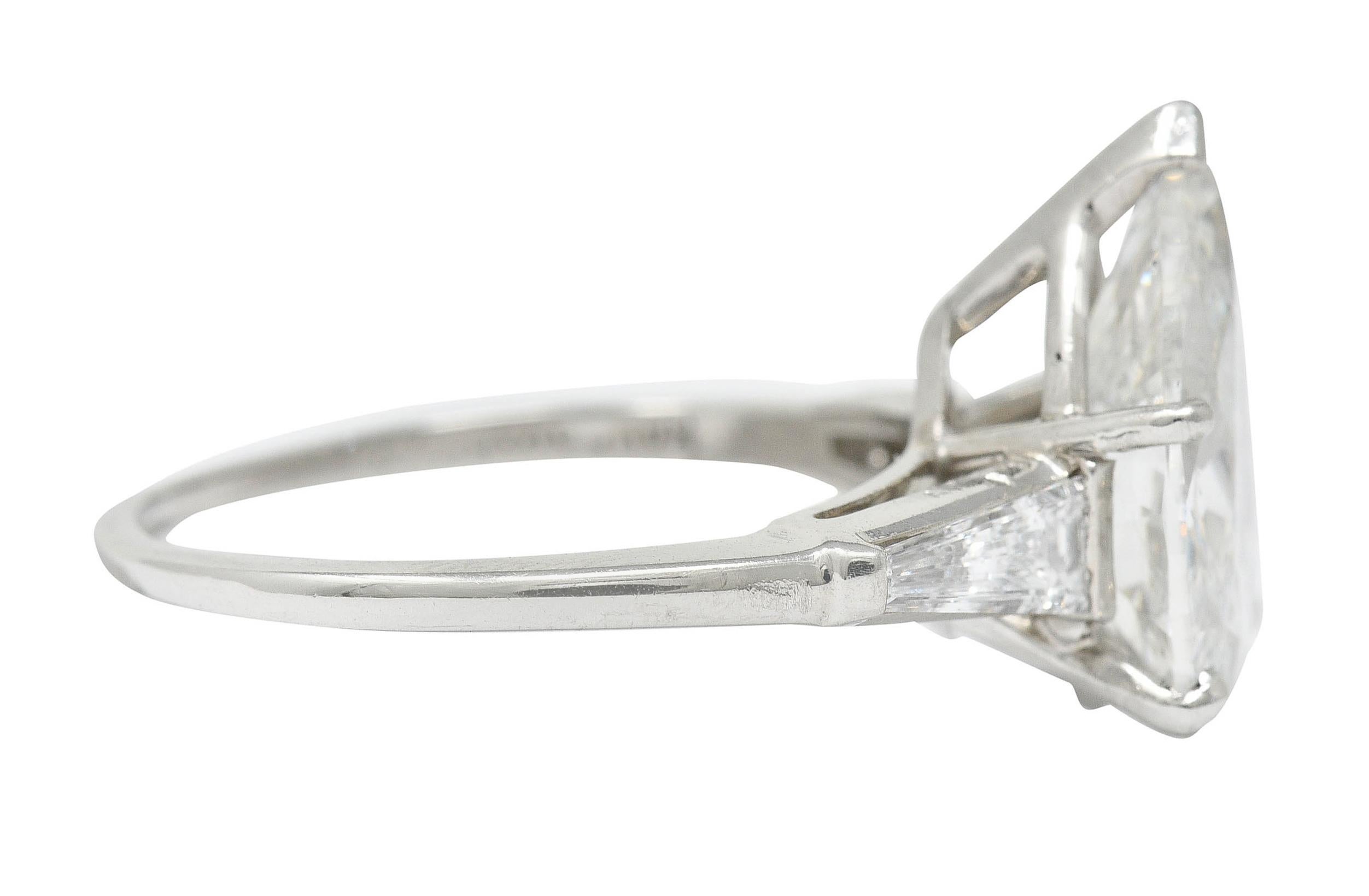 Retro 1950's Mid-Century 4.39 Carats Pear Cut Diamond Platinum Engagement Ring GIA