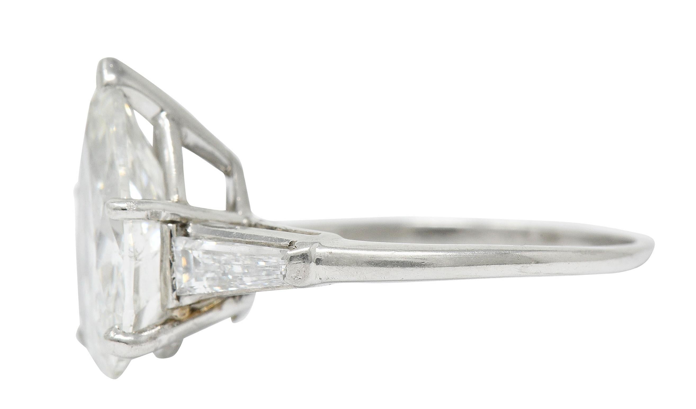 Women's or Men's 1950's Mid-Century 4.39 Carats Pear Cut Diamond Platinum Engagement Ring GIA