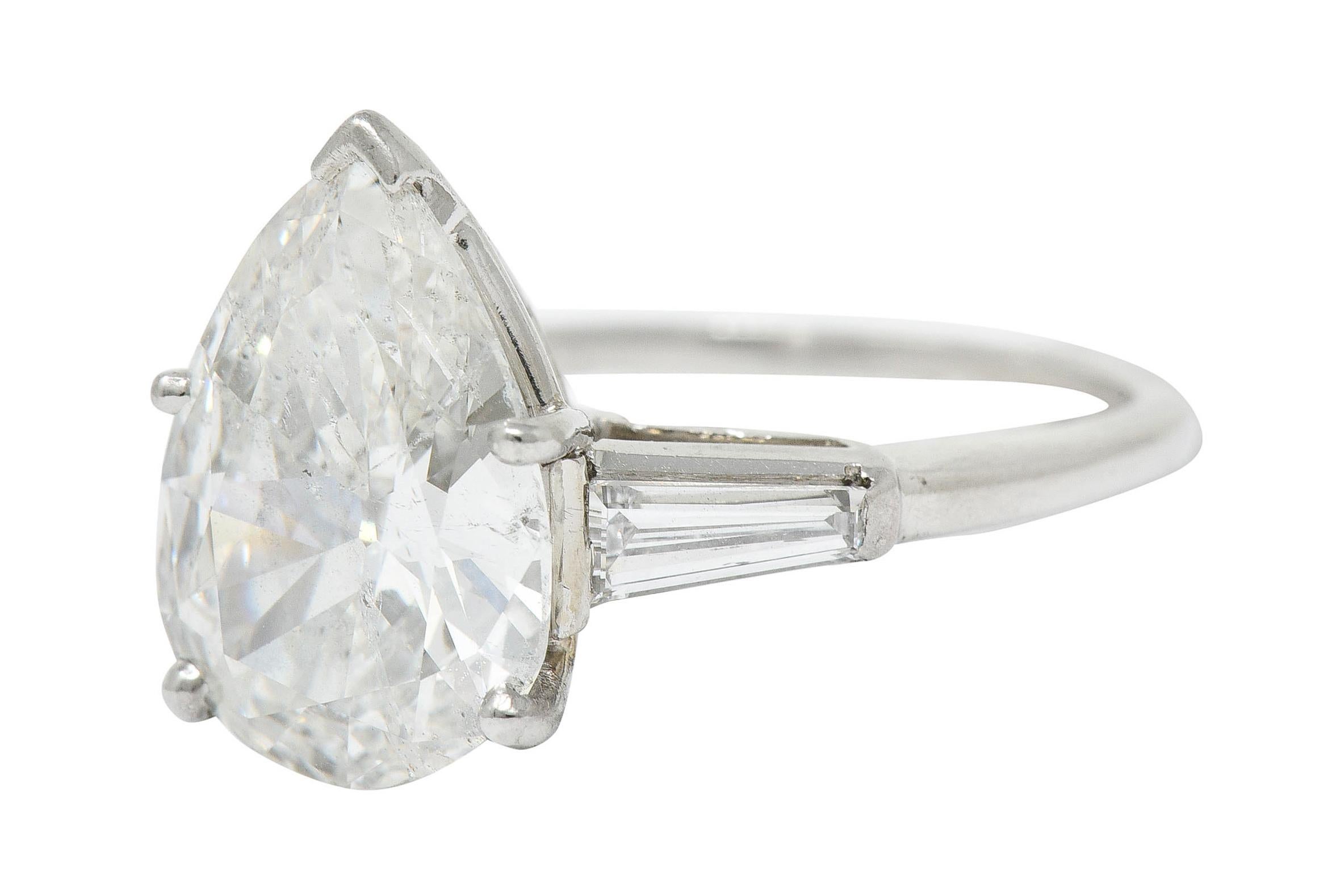 1950's Mid-Century 4.39 Carats Pear Cut Diamond Platinum Engagement Ring GIA 1