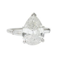 Retro 1950's Mid-Century 4.39 Carats Pear Cut Diamond Platinum Engagement Ring GIA