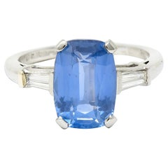 1950
s Mid-Century 4.53 Carats No Heat Ceylon Sapphire Diamond Platinum Ring GIA