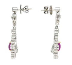 1950's Mid-Century 4.60 Carats Diamond Ruby 18 Karat Two-Tone Gold Drop Earrings