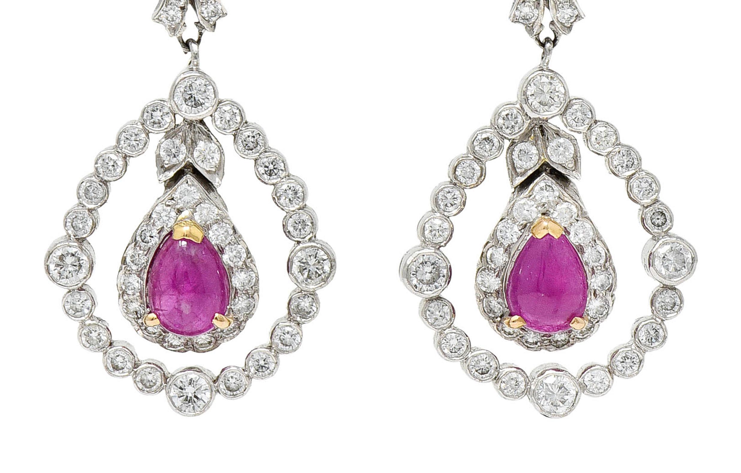 1950's Mid-Century 4.60 Carats Diamond Ruby 18 Karat Two-Tone Gold Drop Earrings In Excellent Condition In Philadelphia, PA
