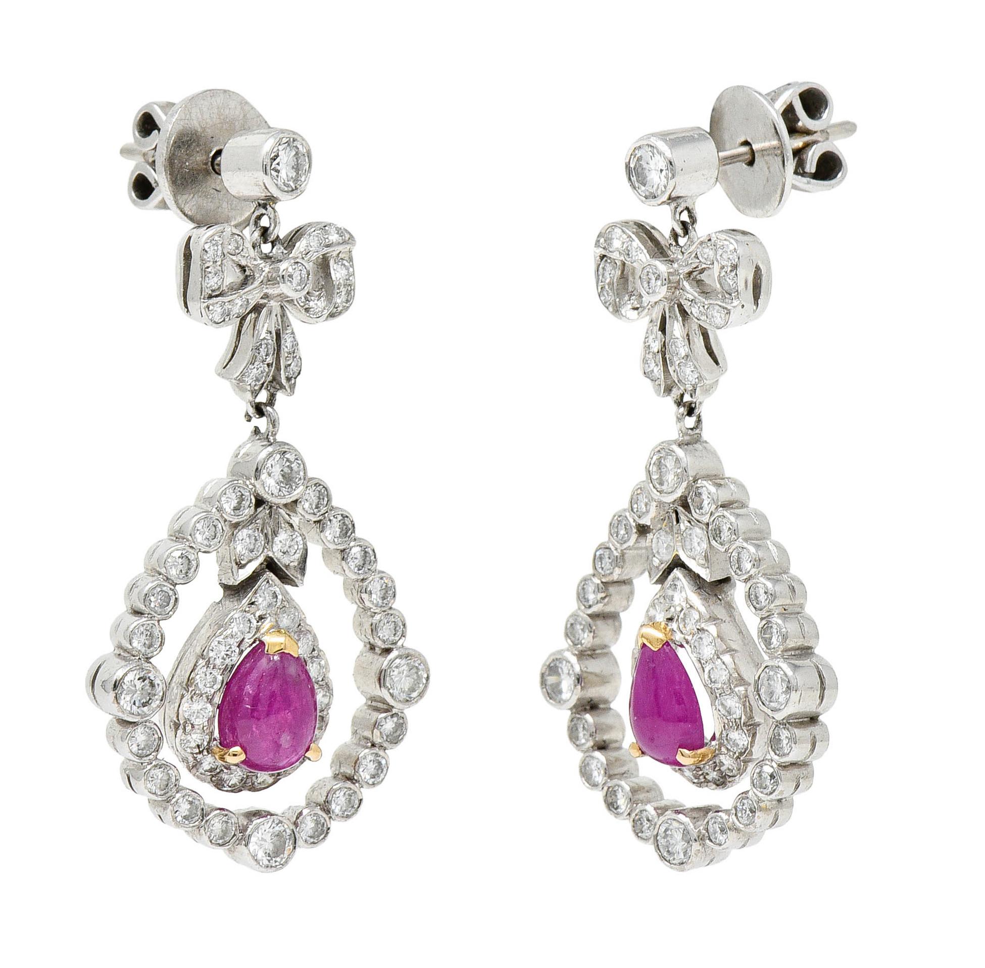 Women's or Men's 1950's Mid-Century 4.60 Carats Diamond Ruby 18 Karat Two-Tone Gold Drop Earrings