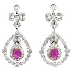 1950's Mid-Century 4.60 Carats Diamond Ruby 18 Karat Two-Tone Gold Drop Earrings