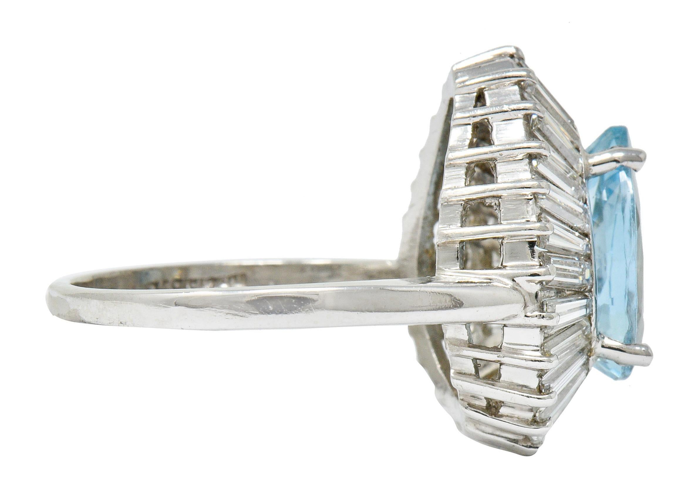 Retro 1950's Mid-Century 4.61 Carats Aquamarine Diamond Platinum Ballerina Halo Ring