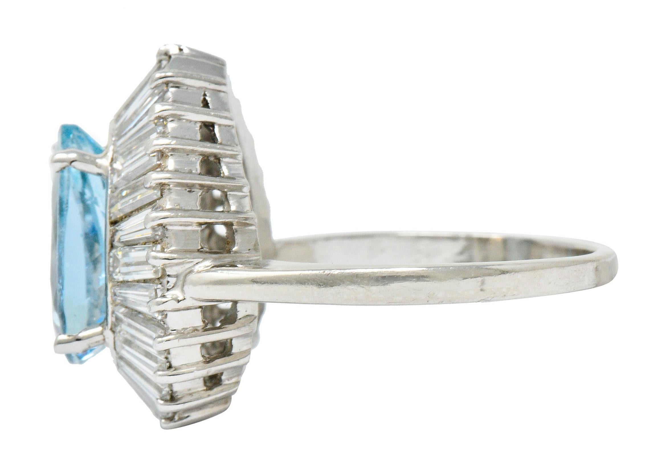 1950's Mid-Century 4.61 Carats Aquamarine Diamond Platinum Ballerina Halo Ring In Excellent Condition In Philadelphia, PA