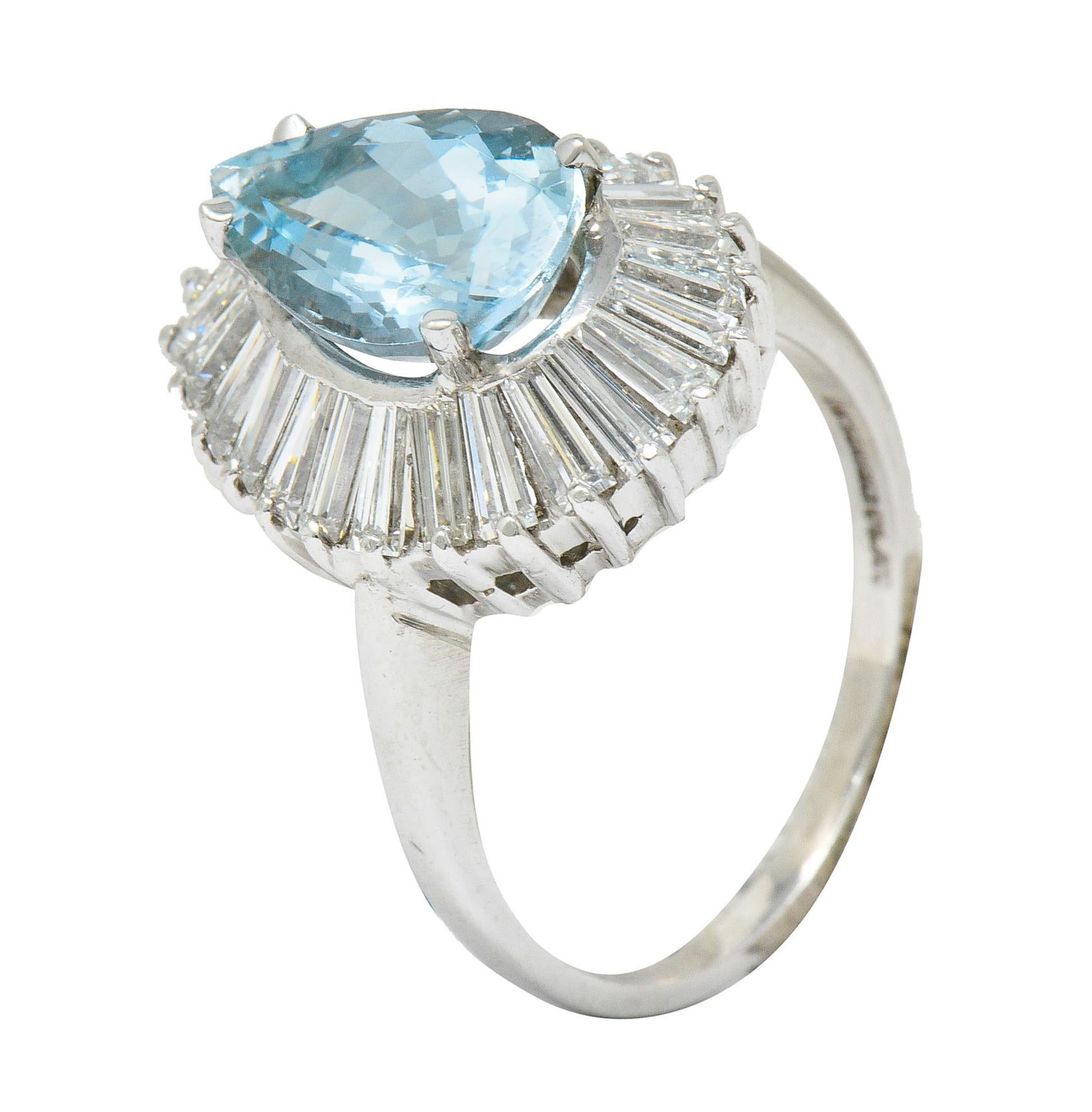 1950's Mid-Century 4.61 Carats Aquamarine Diamond Platinum Ballerina Halo Ring 2
