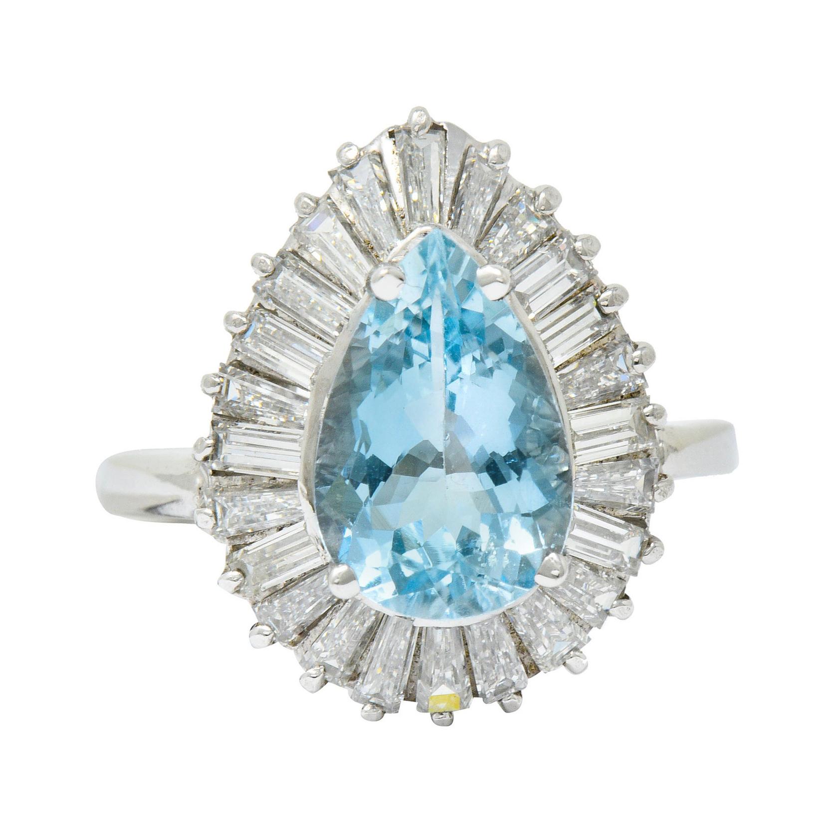 1950's Mid-Century 4.61 Carats Aquamarine Diamond Platinum Ballerina Halo Ring