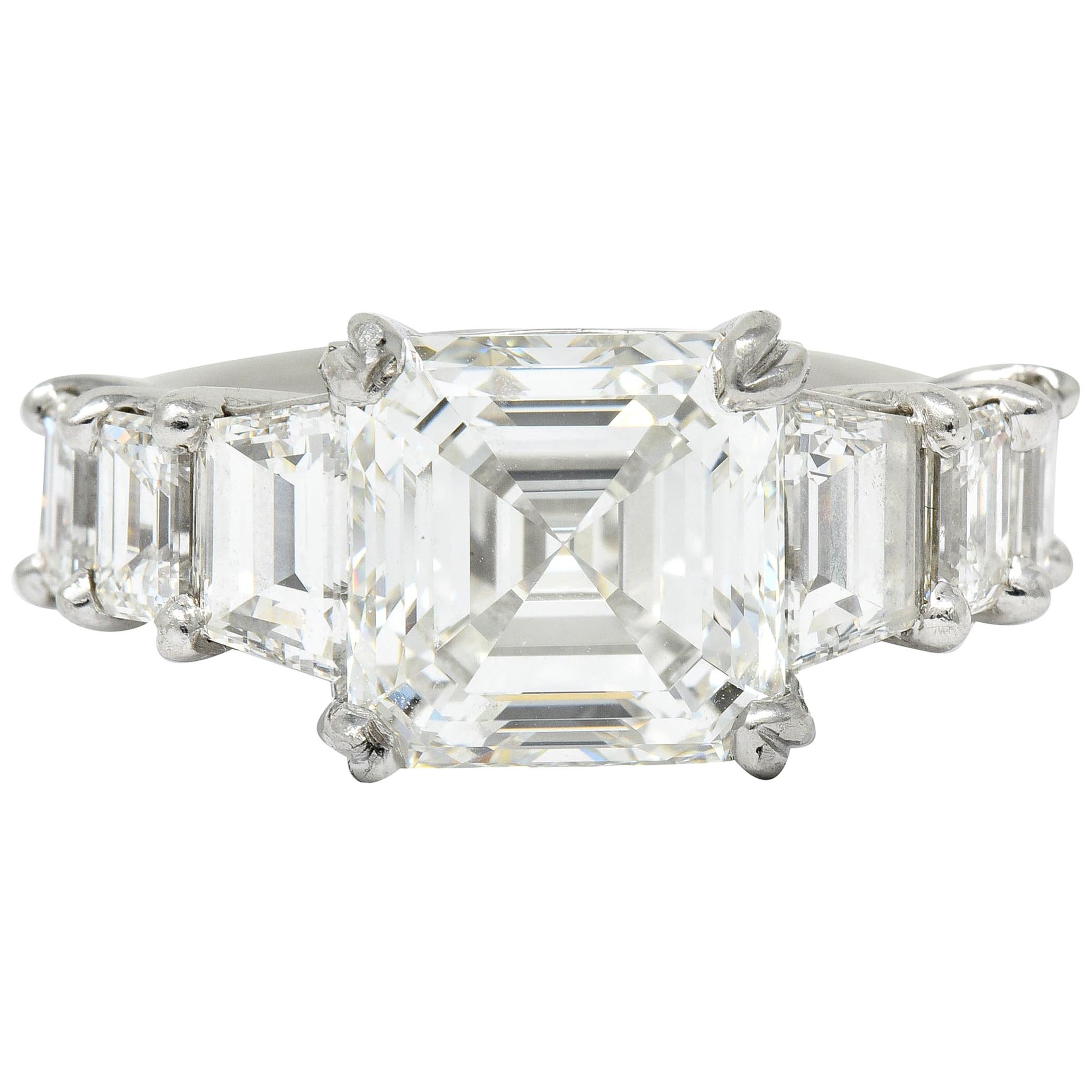1950s Midcentury 5.90 Carat Asscher Diamond Platinum Engagement Ring GIA