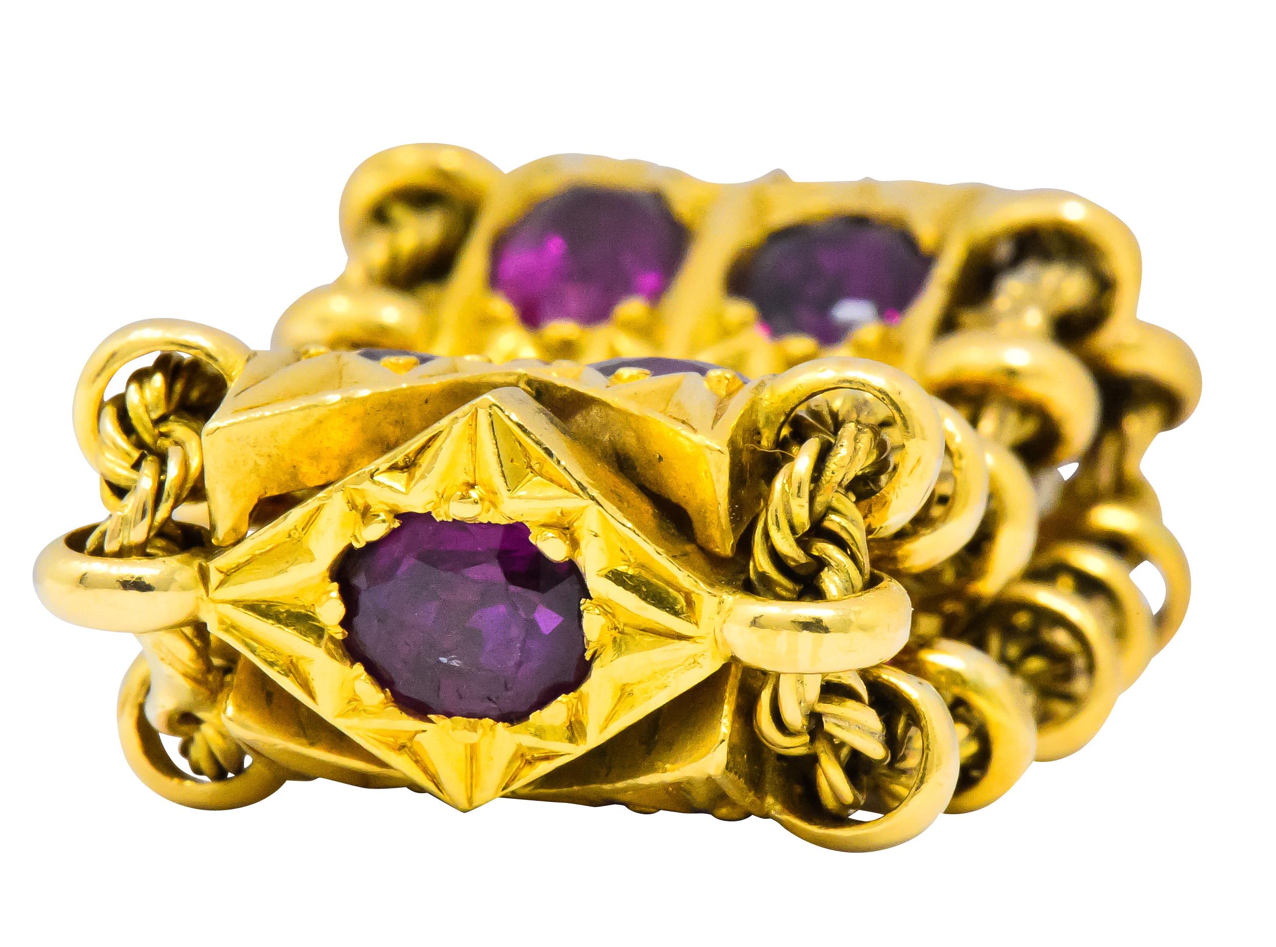 1950's Mid-Century 7.50 Carat Ruby 18 Karat Gold Link Articulated Band Ring In Excellent Condition In Philadelphia, PA