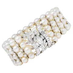 1950's Mid-Century 8.00 Carats Diamond Cultured Pearl Platinum Bracelet