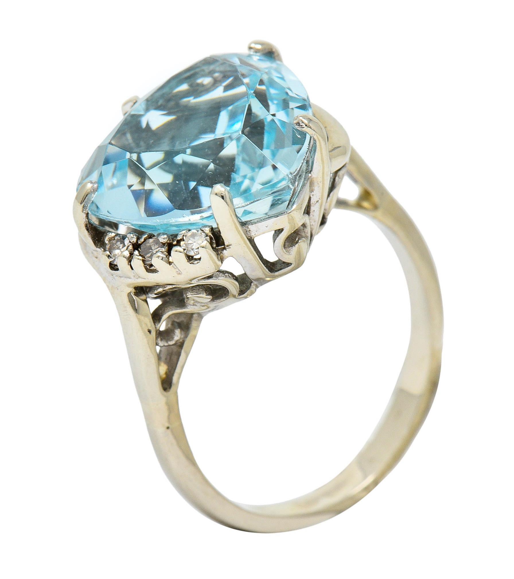 1950's Mid-Century 8.18 Carats Aquamarine Diamond 14 Karat White Gold Heart Ring 4