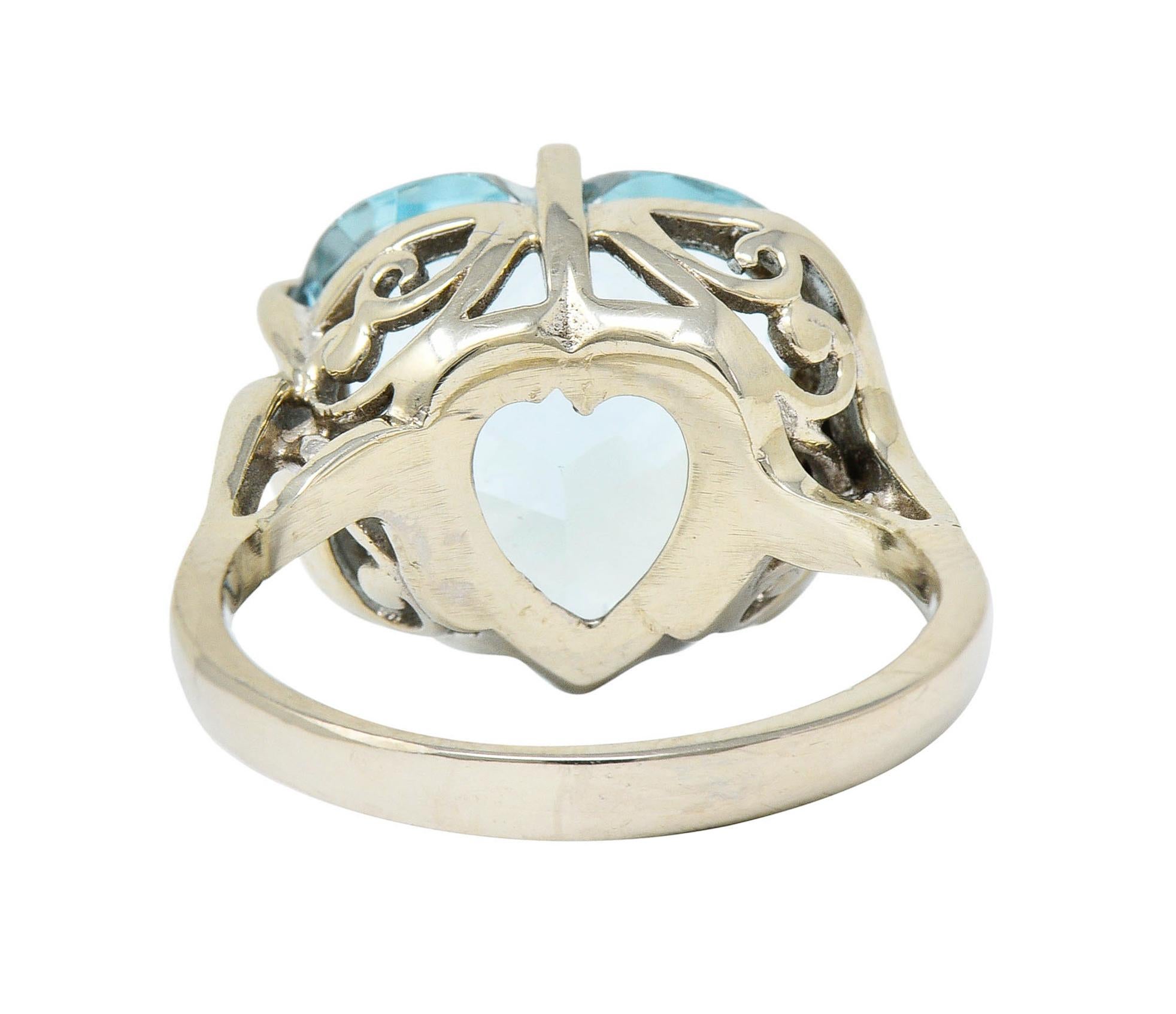 Retro 1950's Mid-Century 8.18 Carats Aquamarine Diamond 14 Karat White Gold Heart Ring