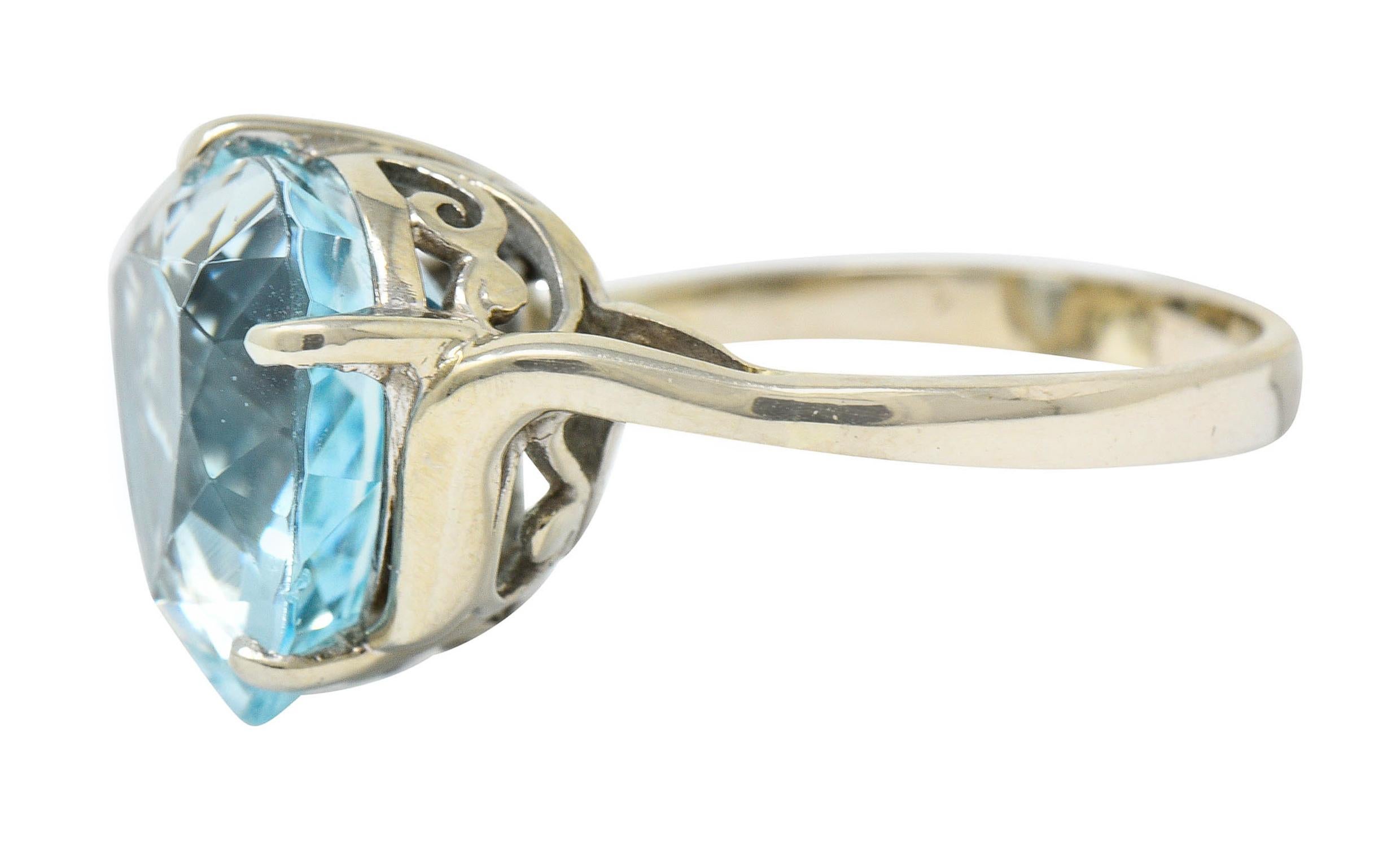 Heart Cut 1950's Mid-Century 8.18 Carats Aquamarine Diamond 14 Karat White Gold Heart Ring