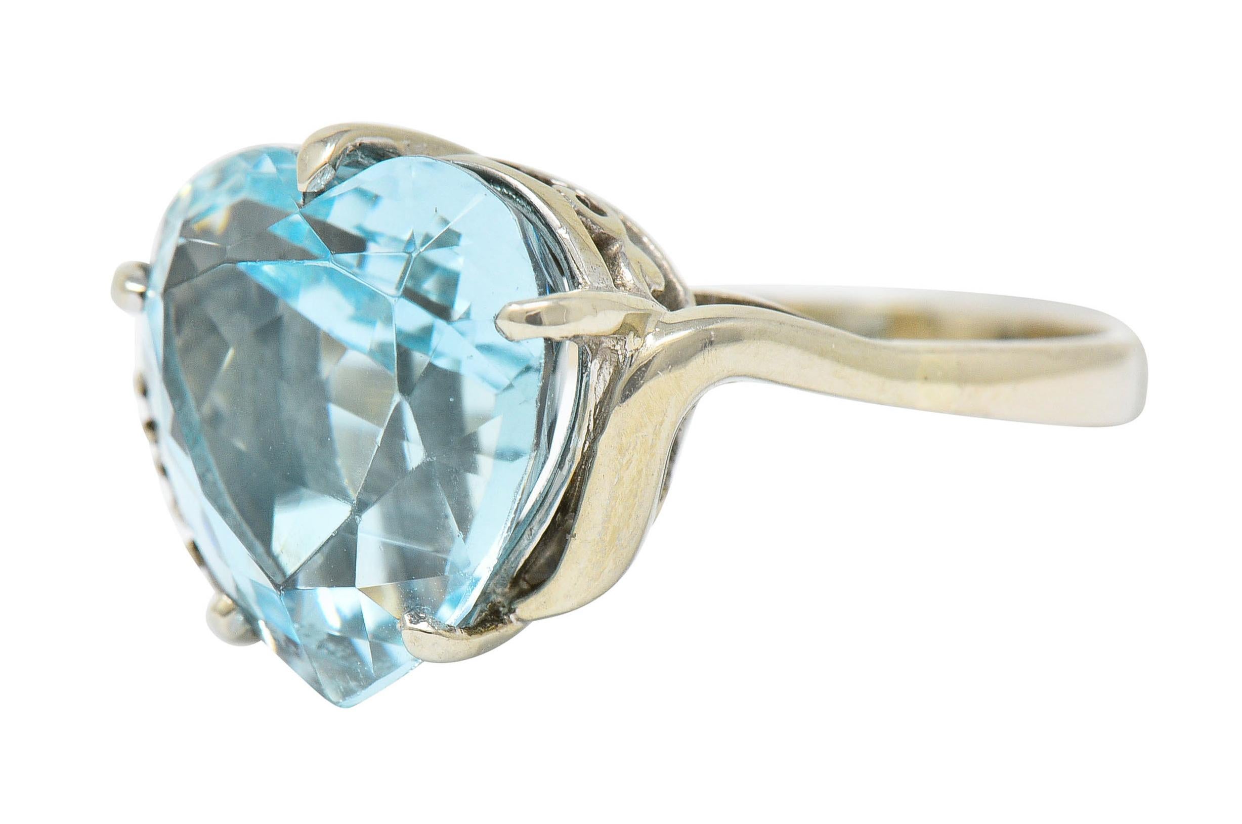 1950's Mid-Century 8.18 Carats Aquamarine Diamond 14 Karat White Gold Heart Ring In Excellent Condition In Philadelphia, PA